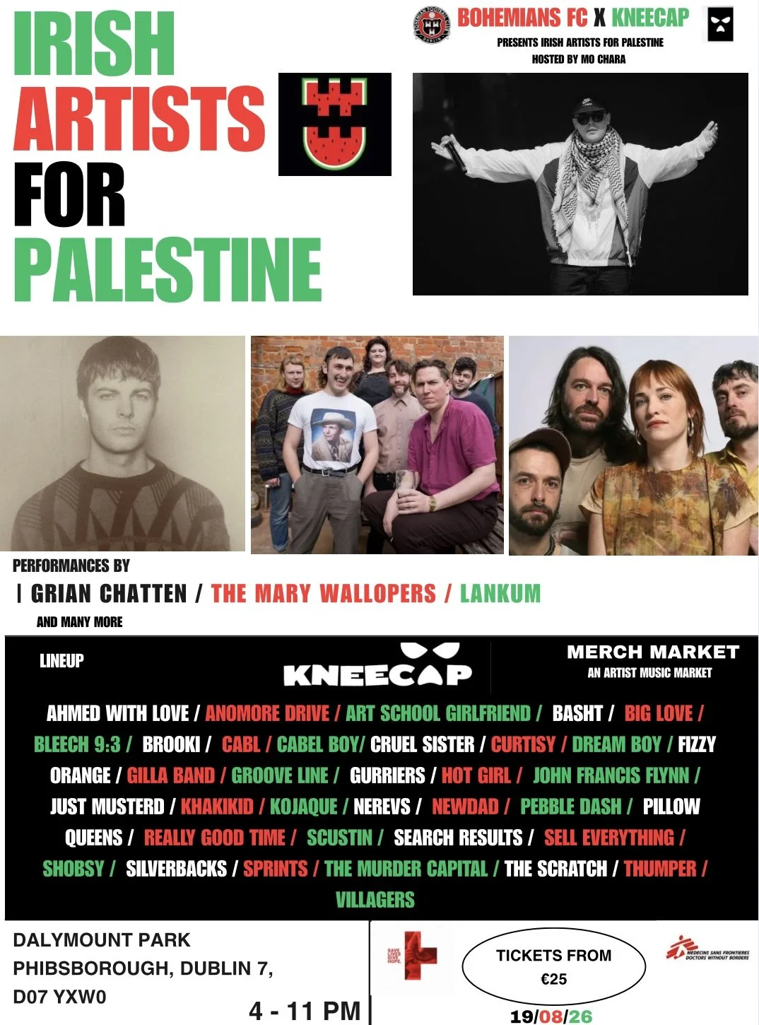 Poster for 'Irish Artists for Palestine' event featuring performances by various Irish musicians and bands, with images of the performers, event details including date, time, location, and ticket prices.