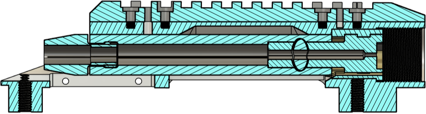 Cross-sectional diagram of a mechanical component, showing internal parts including a piston, cylinder, and various fasteners.