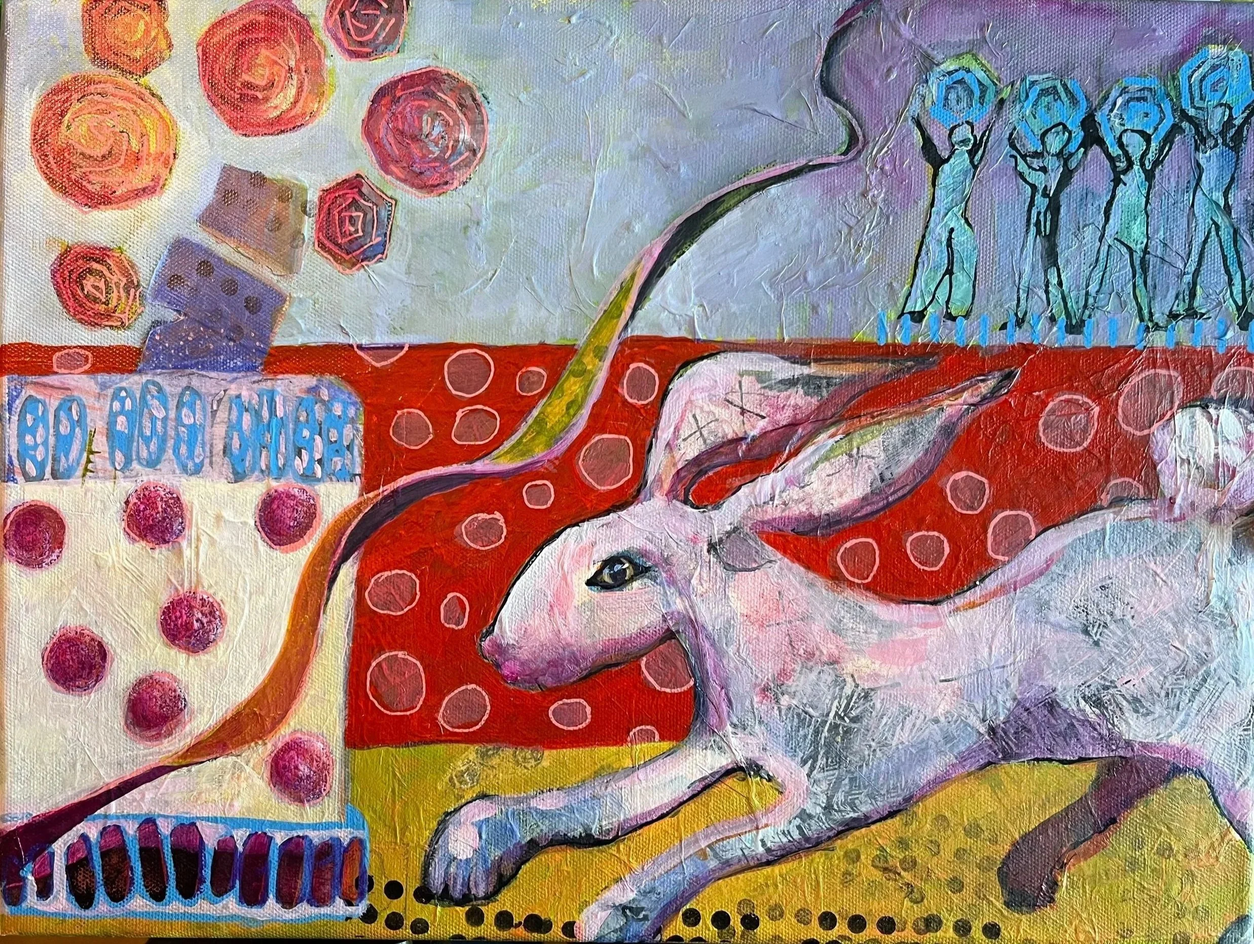 Abstract painting of a pink hare racing to the finish line. Festive unexpected rewards awaiting the race completion. Background features geometric shapes, circles, figures, and abstract forms in vibrant colors such as red, blue, purple, and yellow.