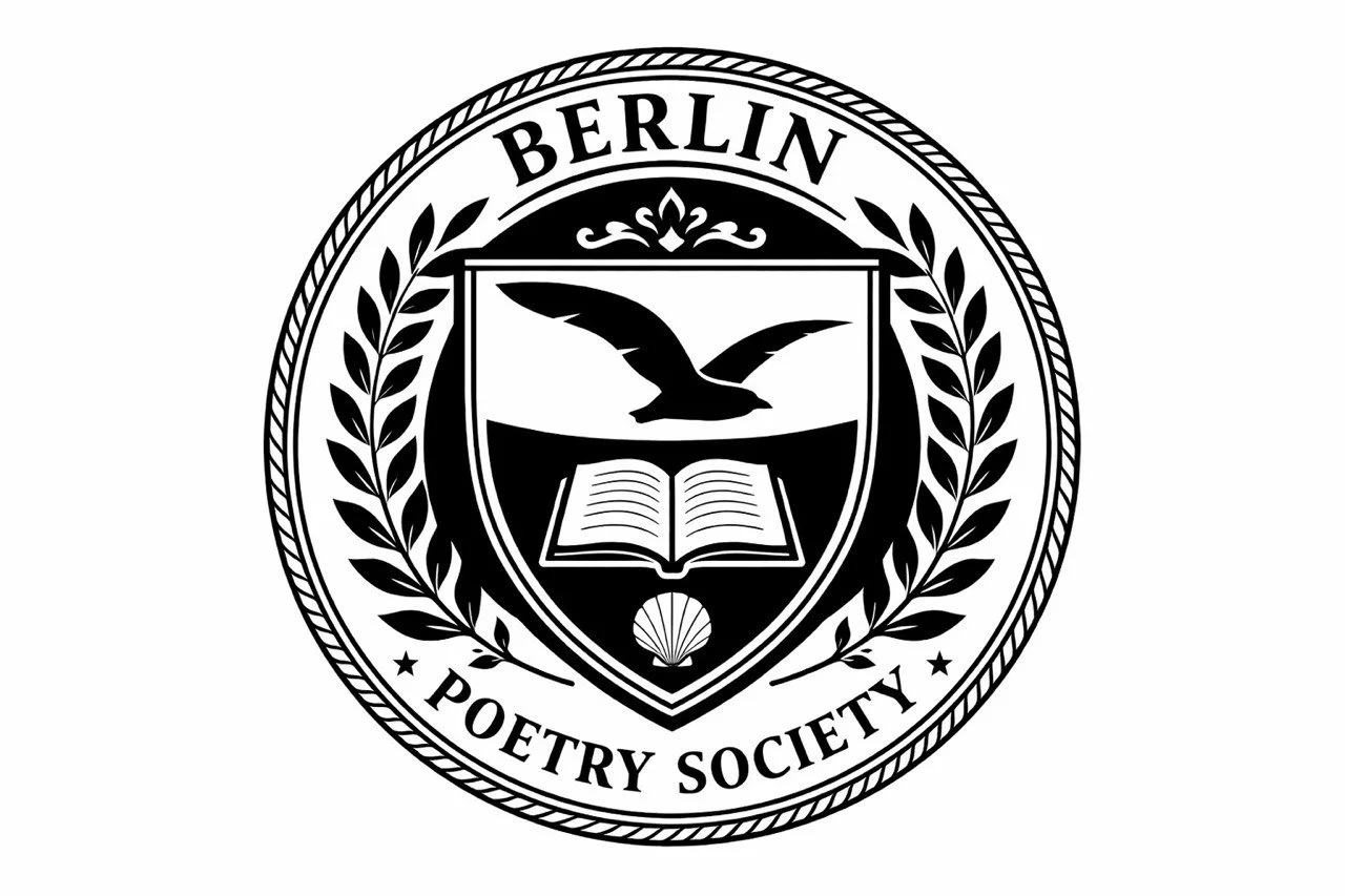 A black and white emblem for the Berlin Poetry Society featuring an open book, a flying bird, and a shell, encircled by laurel branches and a decorative border.
