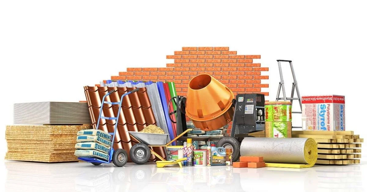 Collection of construction supplies including bricks, tiles, bags of cement, a wheelbarrow, a concrete mixer, insulation, plywood, a ladder, and other building materials.