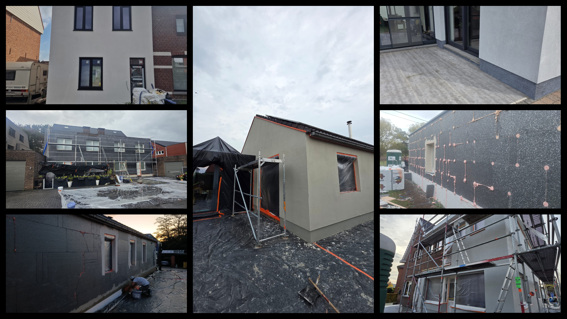 Photos of a house under construction, showing scaffolding, wall insulation, exterior wall work, and various construction materials and progress.