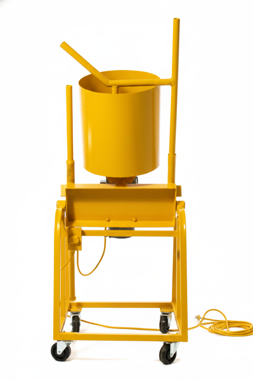 Mezcladora eléctrica de color amarillo con un recipiente en la parte superior y ruedas en la base.