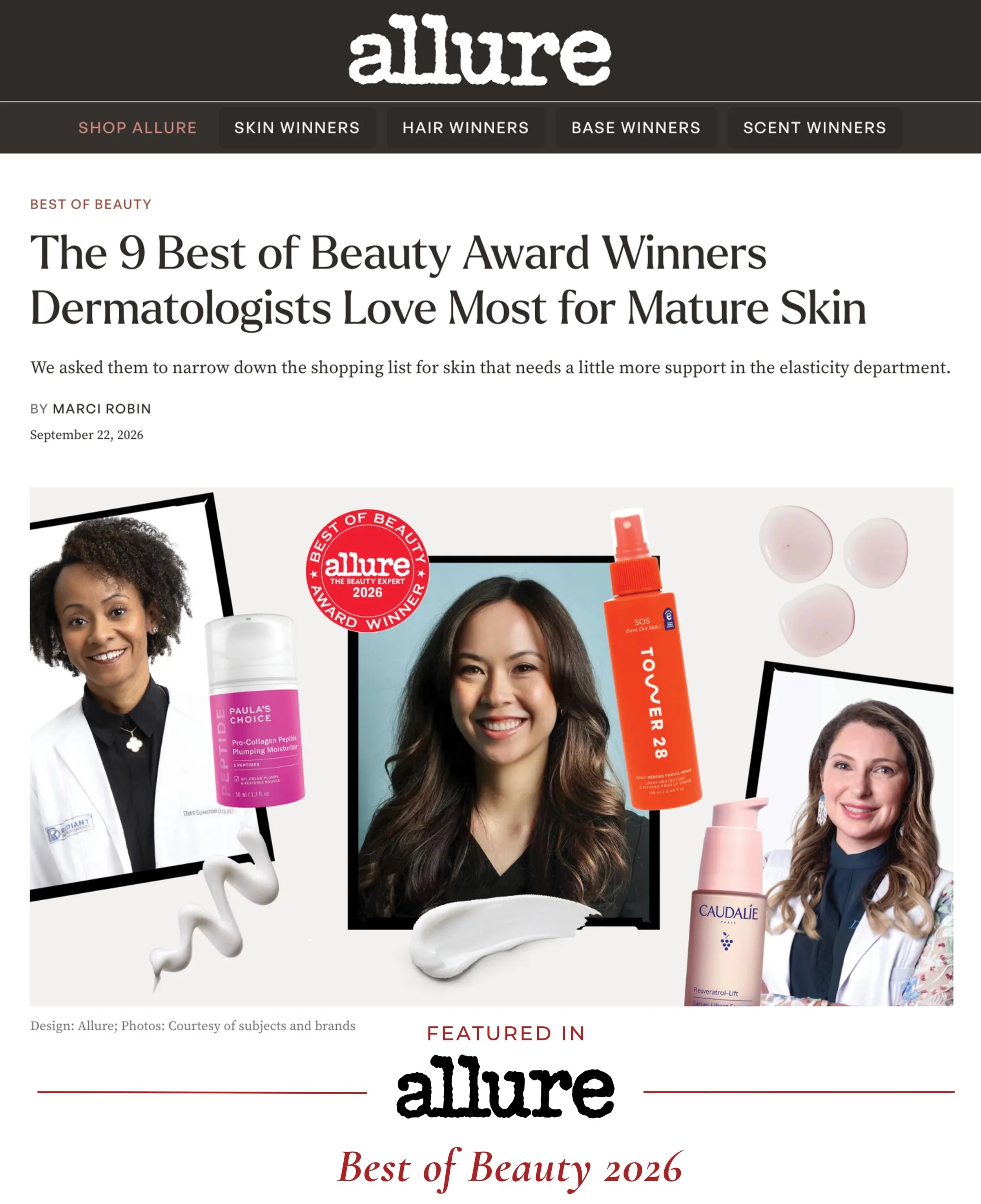 So excited to be featured in Allure&rsquo;s Best of Beauty 2026! ✨🥹

Sharing some of my favorite products for mature skin, from vitamin C and peptides to growth factors, resveratrol, and (of course) sunscreen, plus a little bit about why I love each