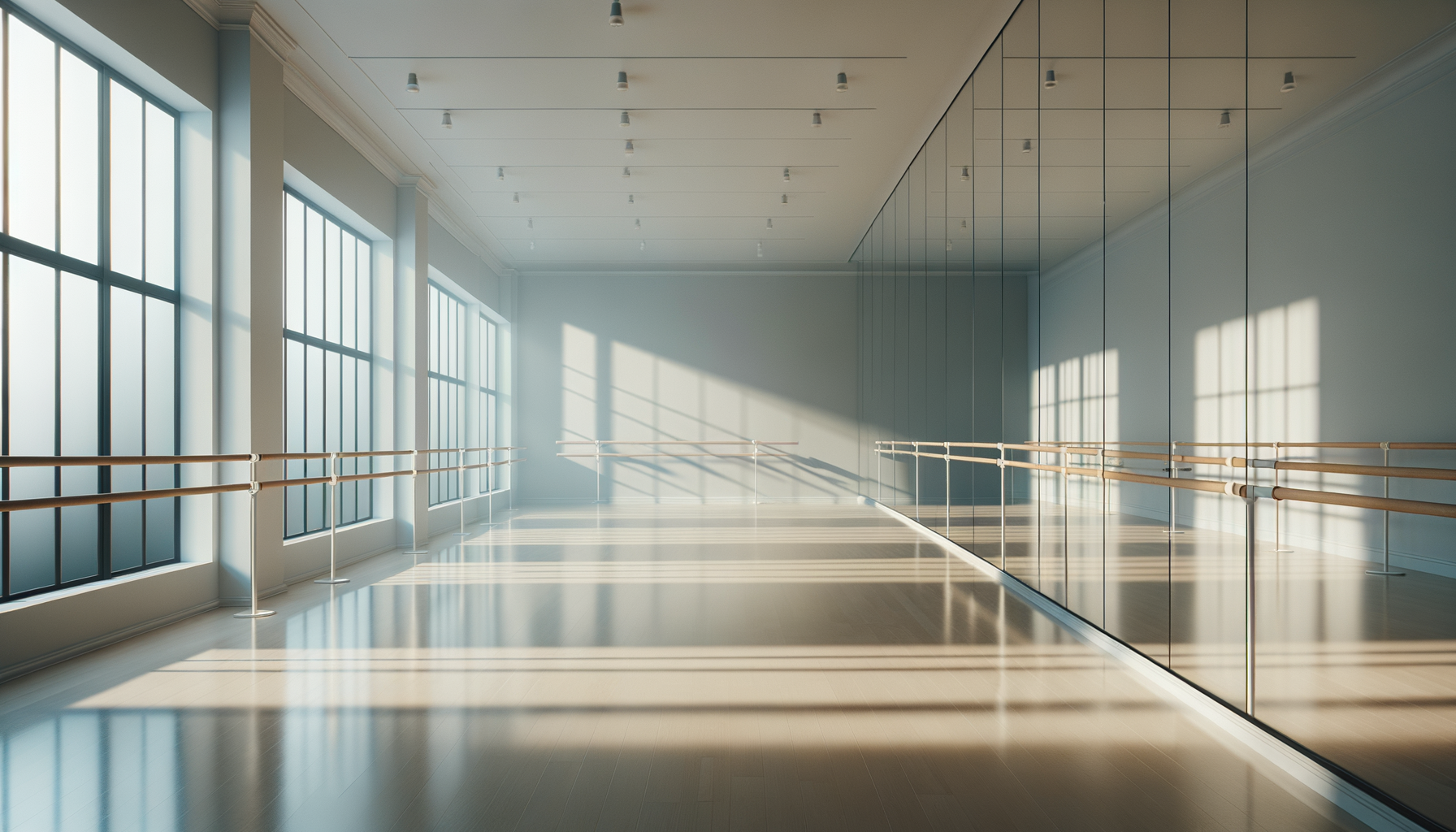 Empty dance studio with large windows, sunlight casting shadows, wooden floor, ballet barres, and mirrored wall.