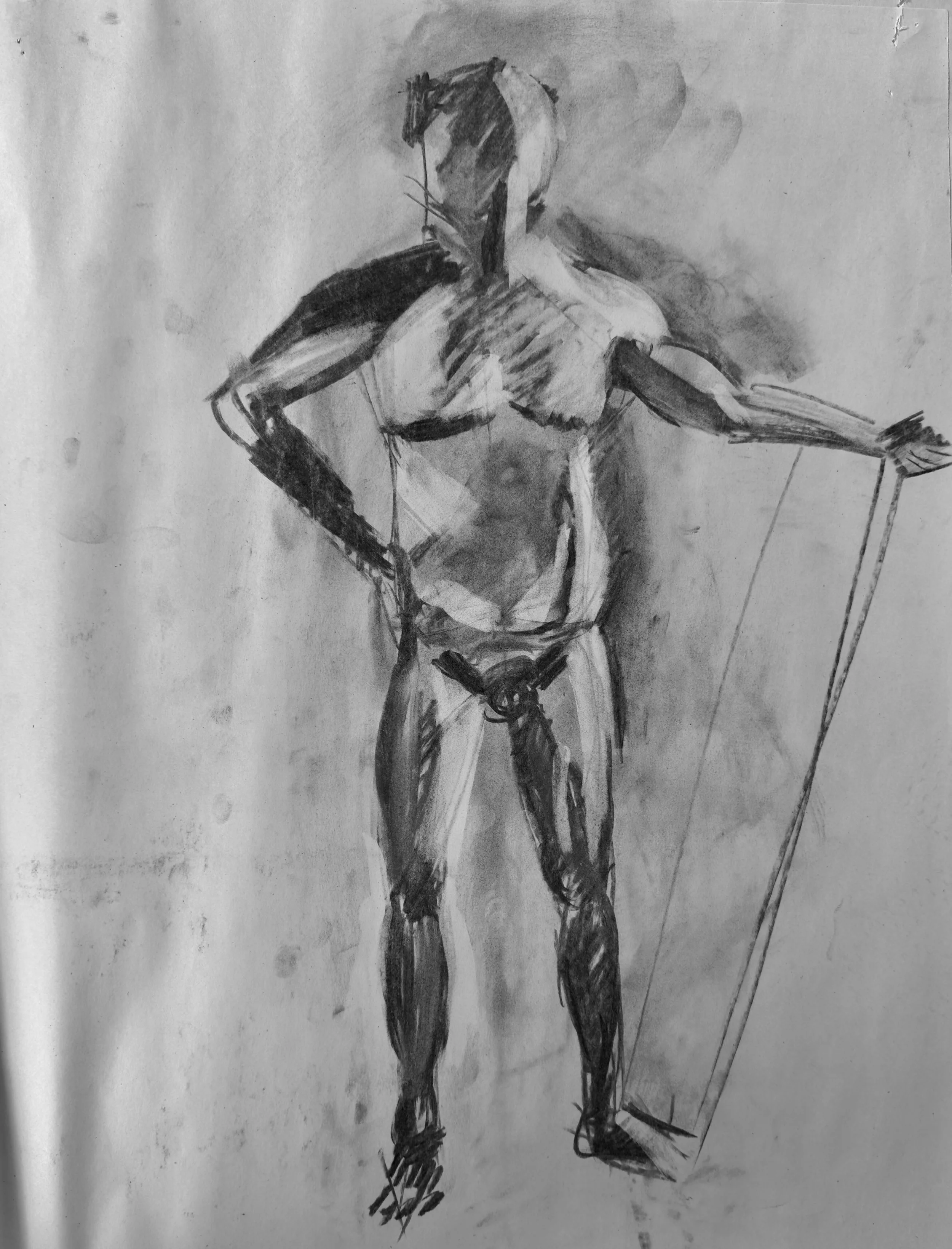 Black and white sketch of a muscular male figure with a human face, standing with one hand on his hip and the other holding a long stick.