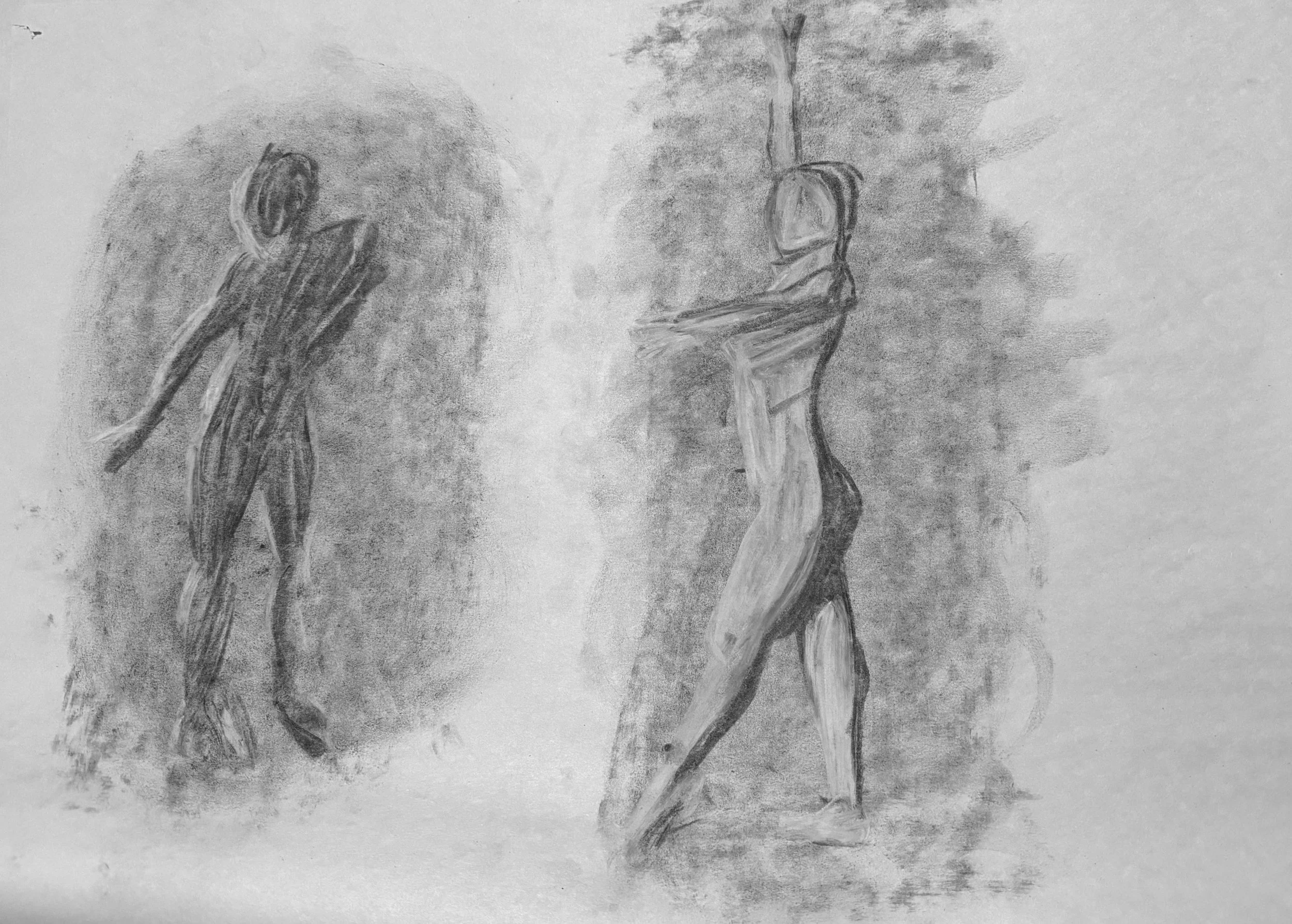 A pencil sketch of two human figures, one on the left appearing hunched over with hands on face, and the other on the right standing upright with one arm raised above the head, set against a textured background.