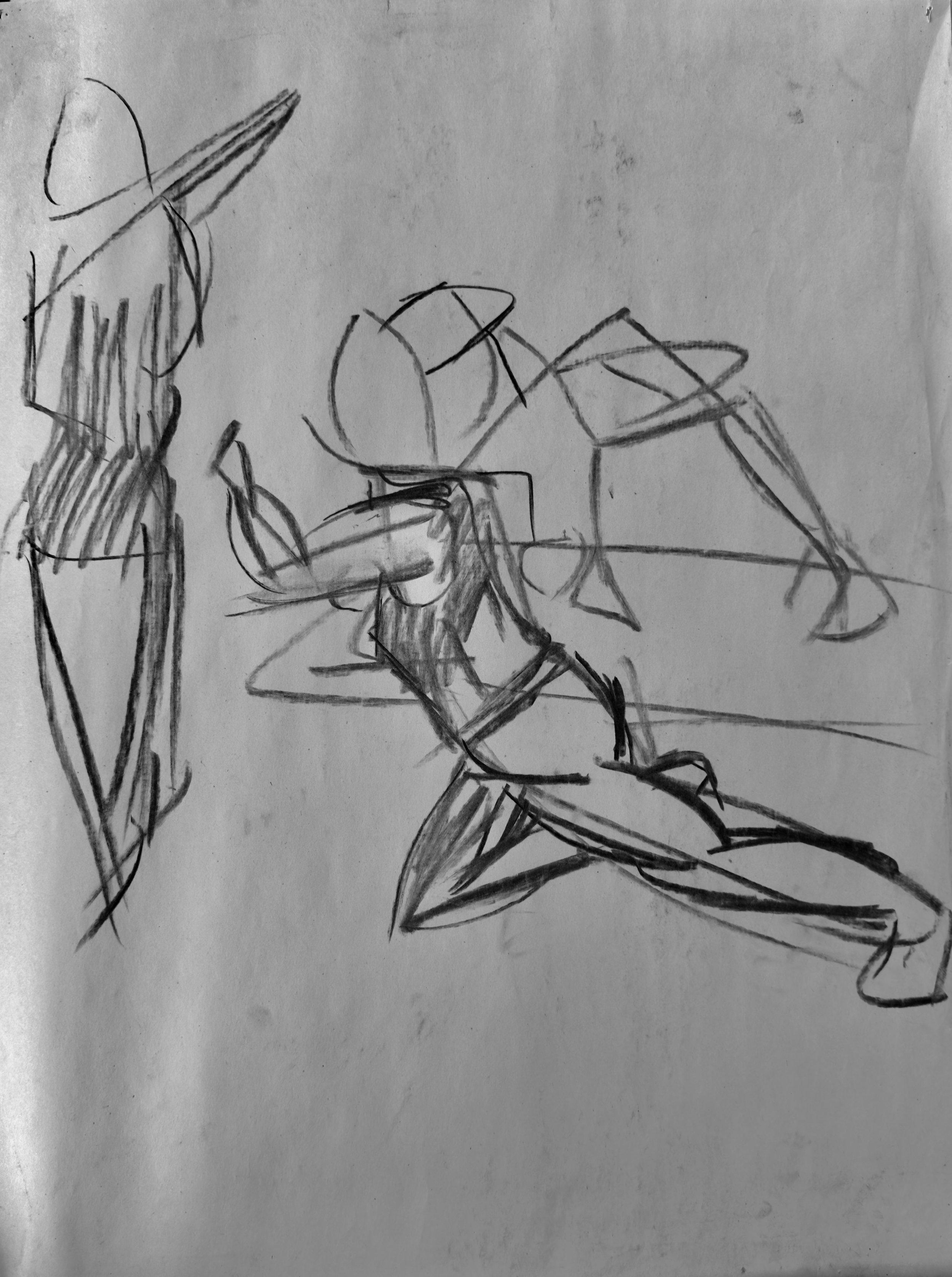 A rough sketch of two human figures, one standing on the left and the other sitting or reclining on the right, with minimal details.