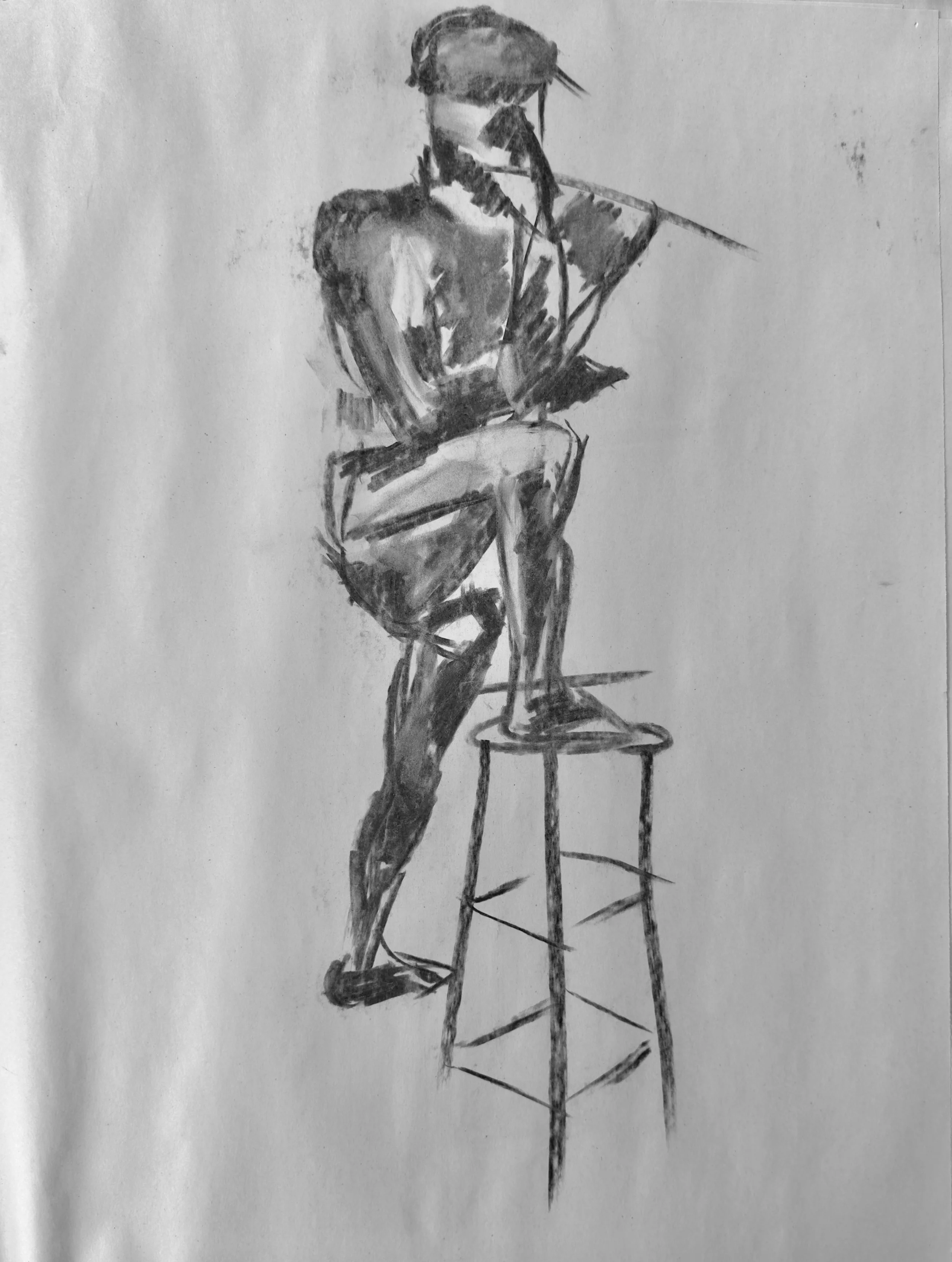 Black and white sketch of a person sitting on a tall chair, reading a large book, with their face obscured by sunglasses and hairstyle.