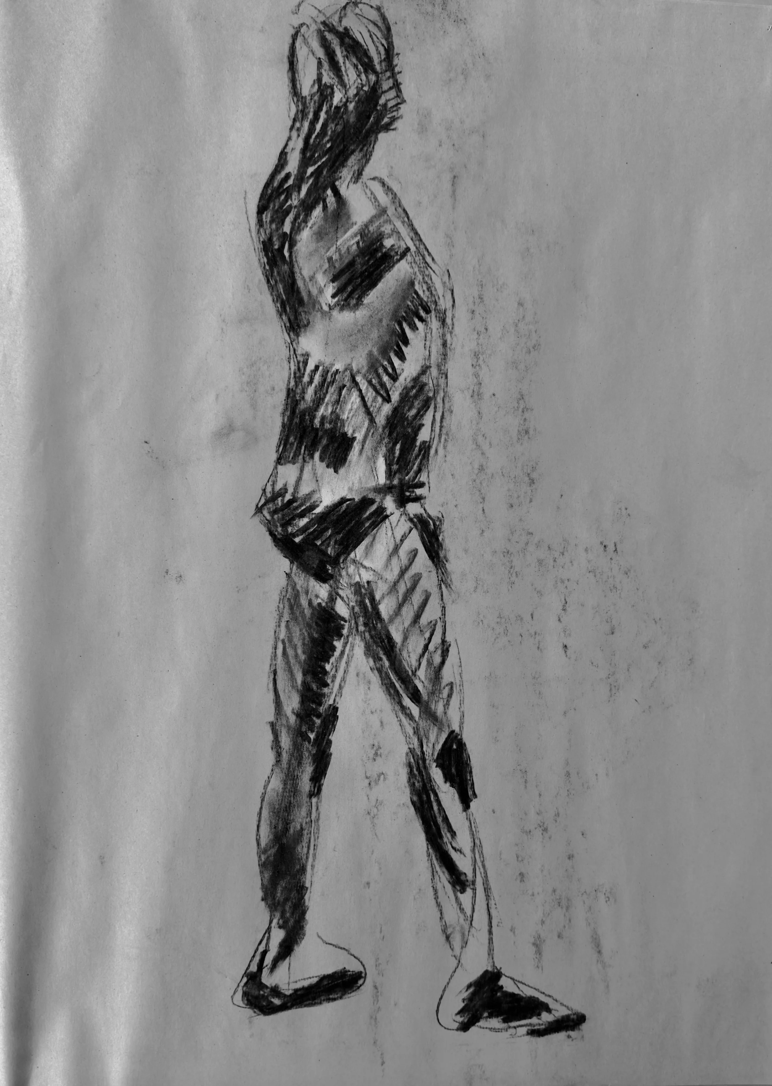 A black and white sketch of a woman standing in profile, with her right hand touching her hair, dressed in a striped outfit.