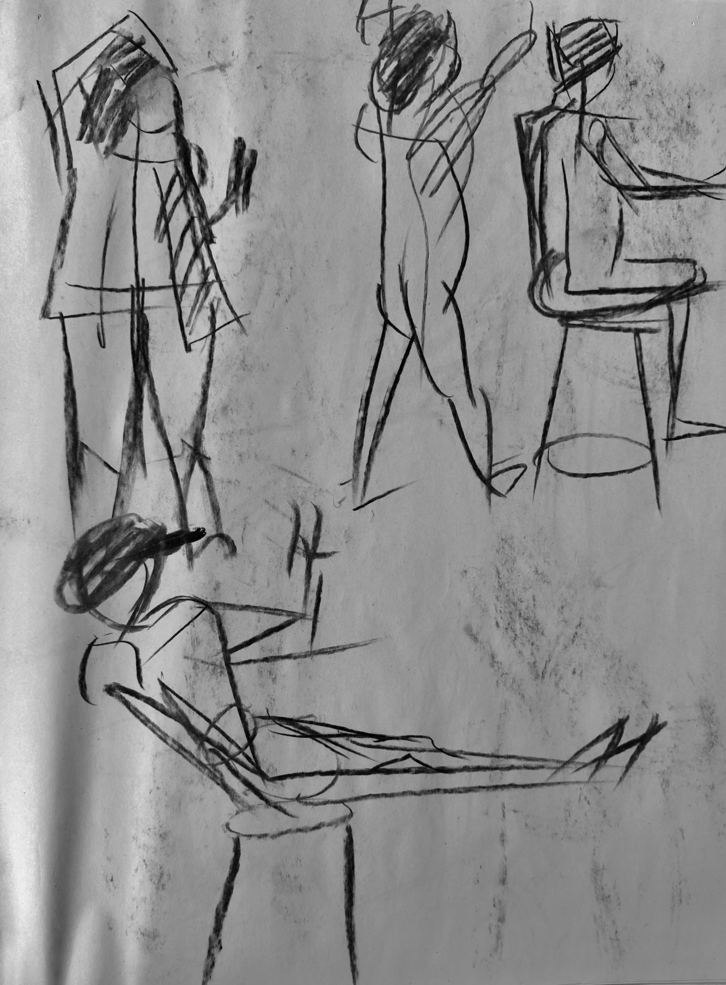 Sketch of five different women in various poses, some standing, some sitting, with loose, gestural lines and minimal details.