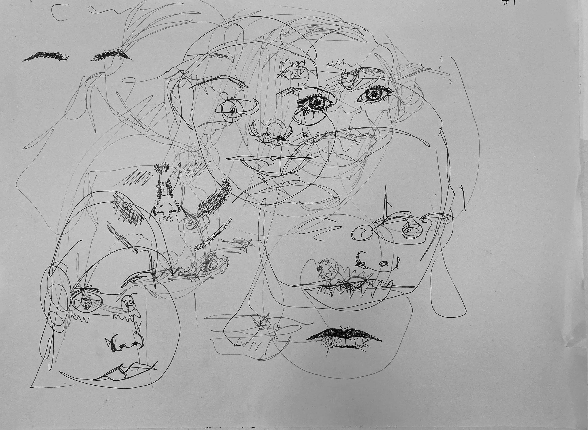 A messy, abstract drawing of multiple faces and facial features, including eyes, noses, mouths, and lips, sketched with quick, overlapping lines.