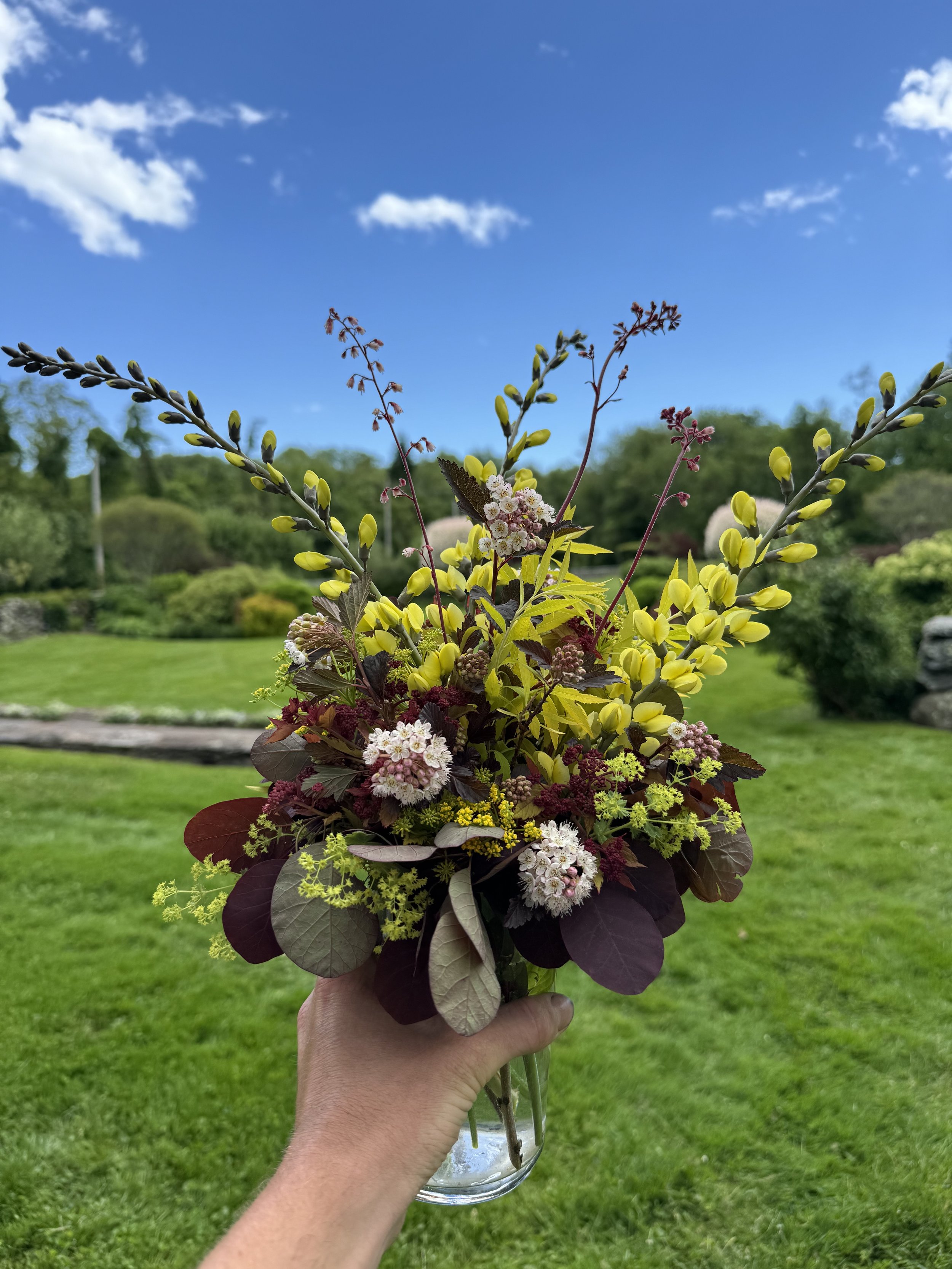 A hand holding a glass jar with a bouquet of yellow, white, and dark red flowers and green foliage, set outdoors in a grassy garden with trees, bushes, rocks, and a blue sky with clouds in the background.