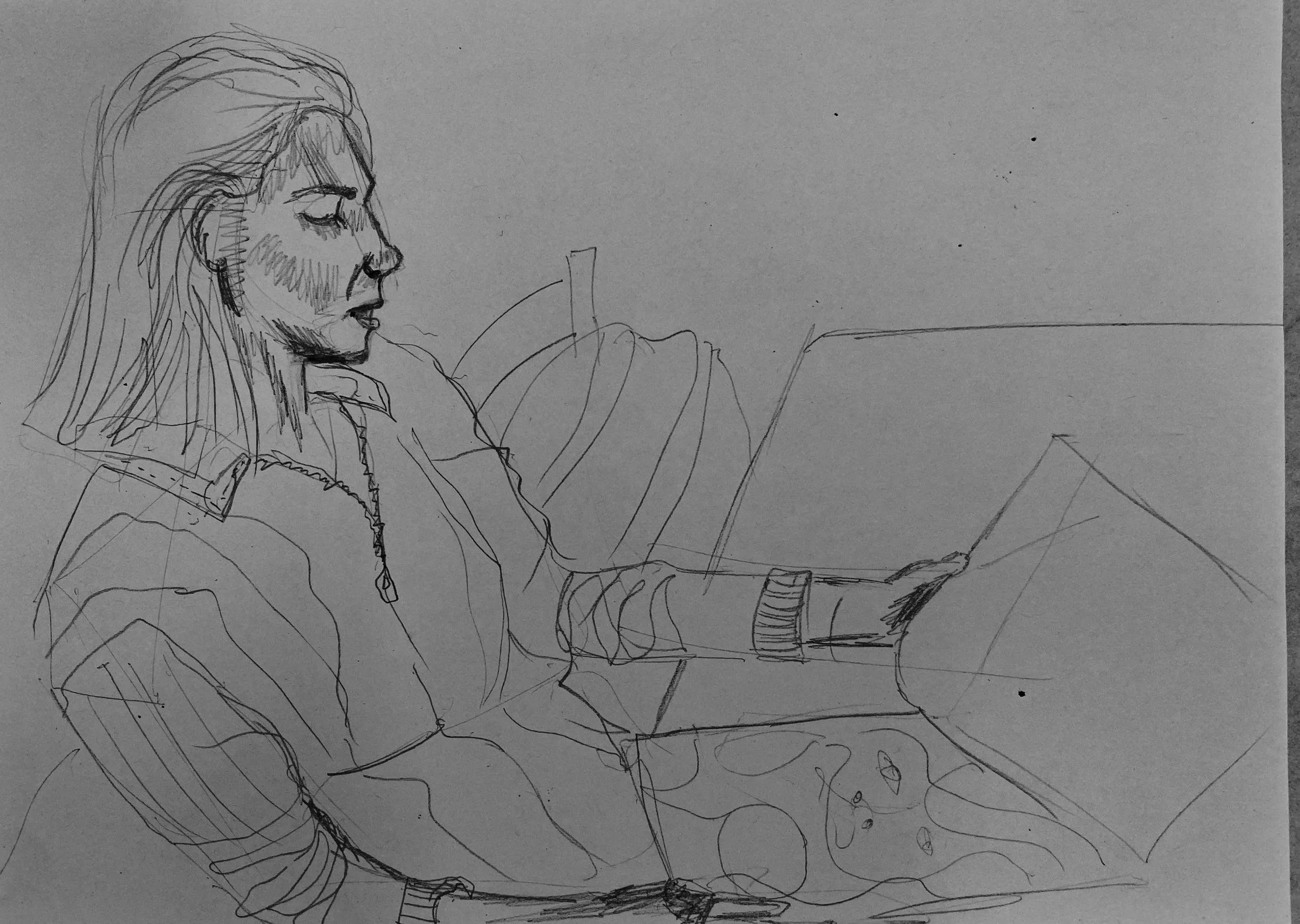 Sketch of a woman sitting at a desk, working on a laptop, with her head slightly tilted downward and hair covering part of her face.