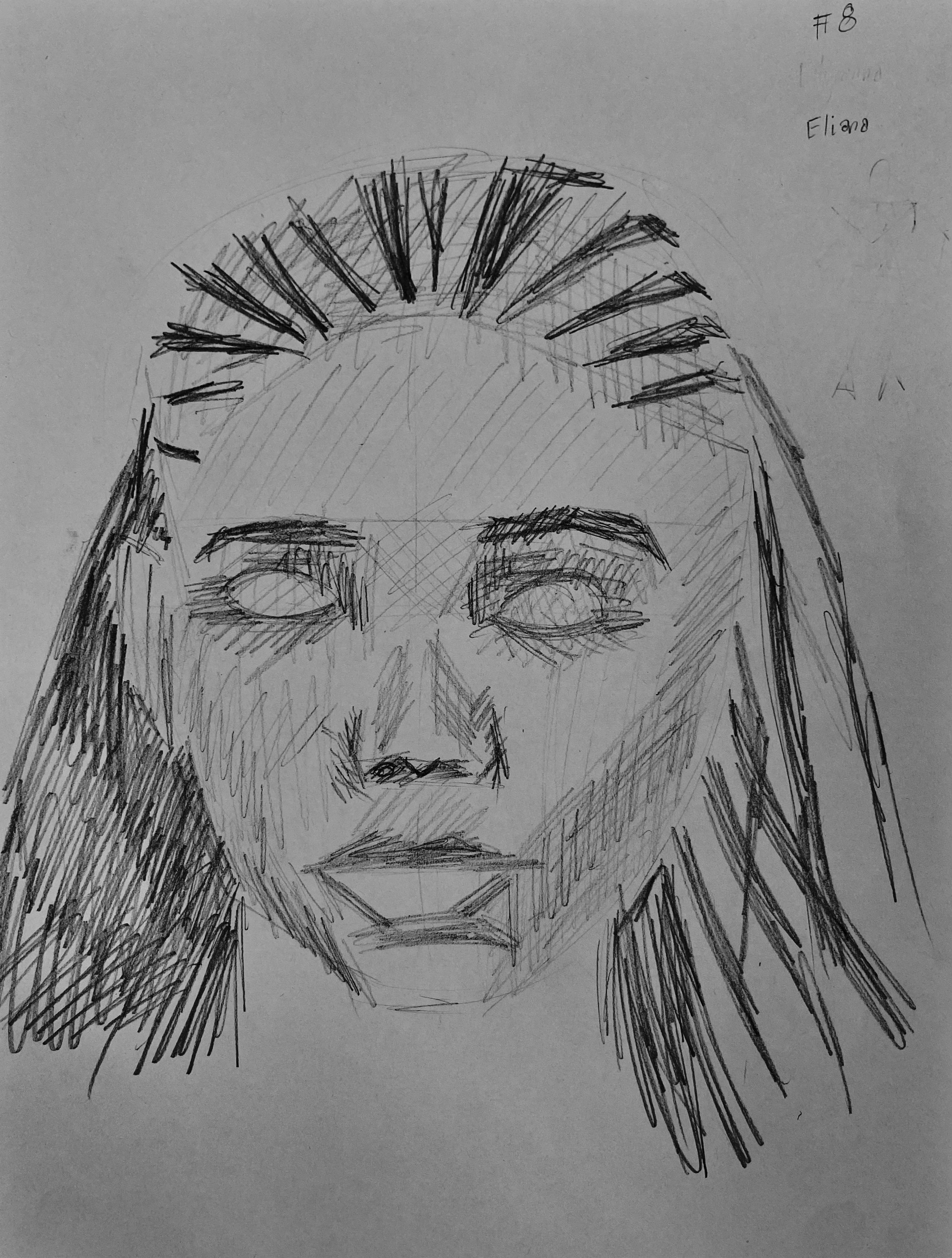 Sketch of a woman's face with detailed features, long hair, and a serious expression, drawn with bold, dark lines.
