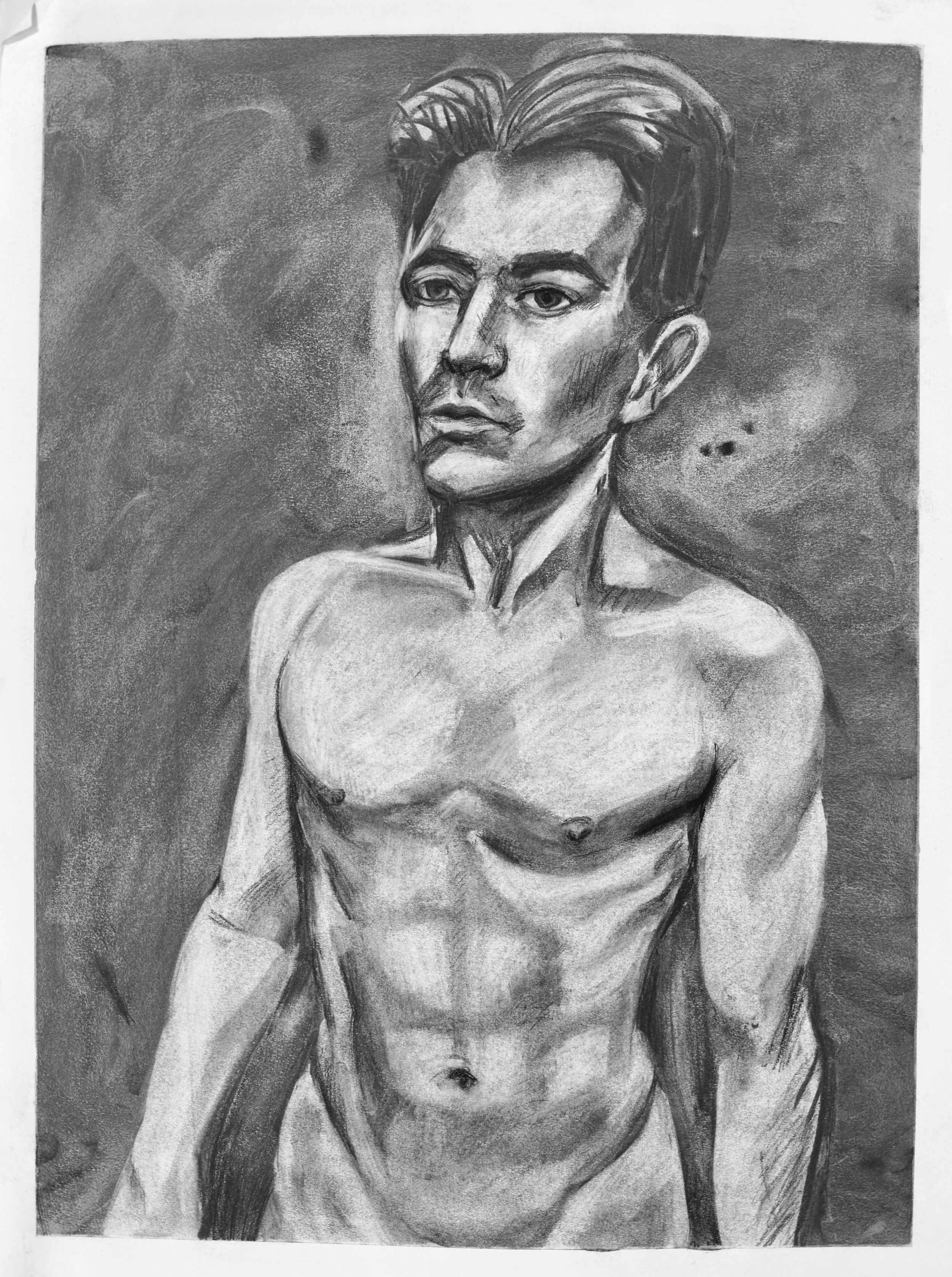 A black and white pencil sketch of a young man with a serious expression, shirtless, with defined muscles and short hair, standing against a textured background.