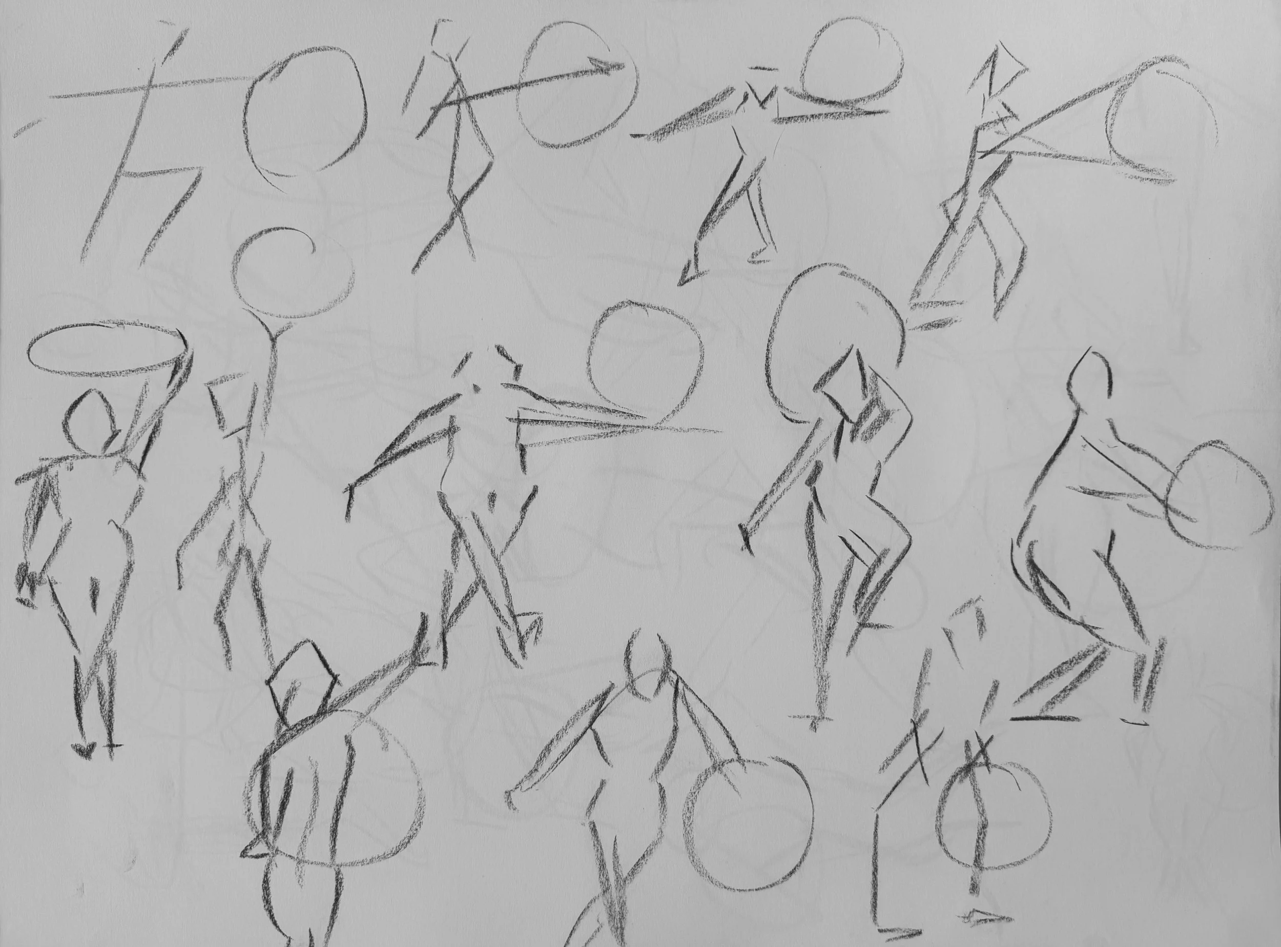 Sketch of multiple figure drawings in different poses, some with circles indicating heads and lines for limbs, in a practice or gesture drawing style.