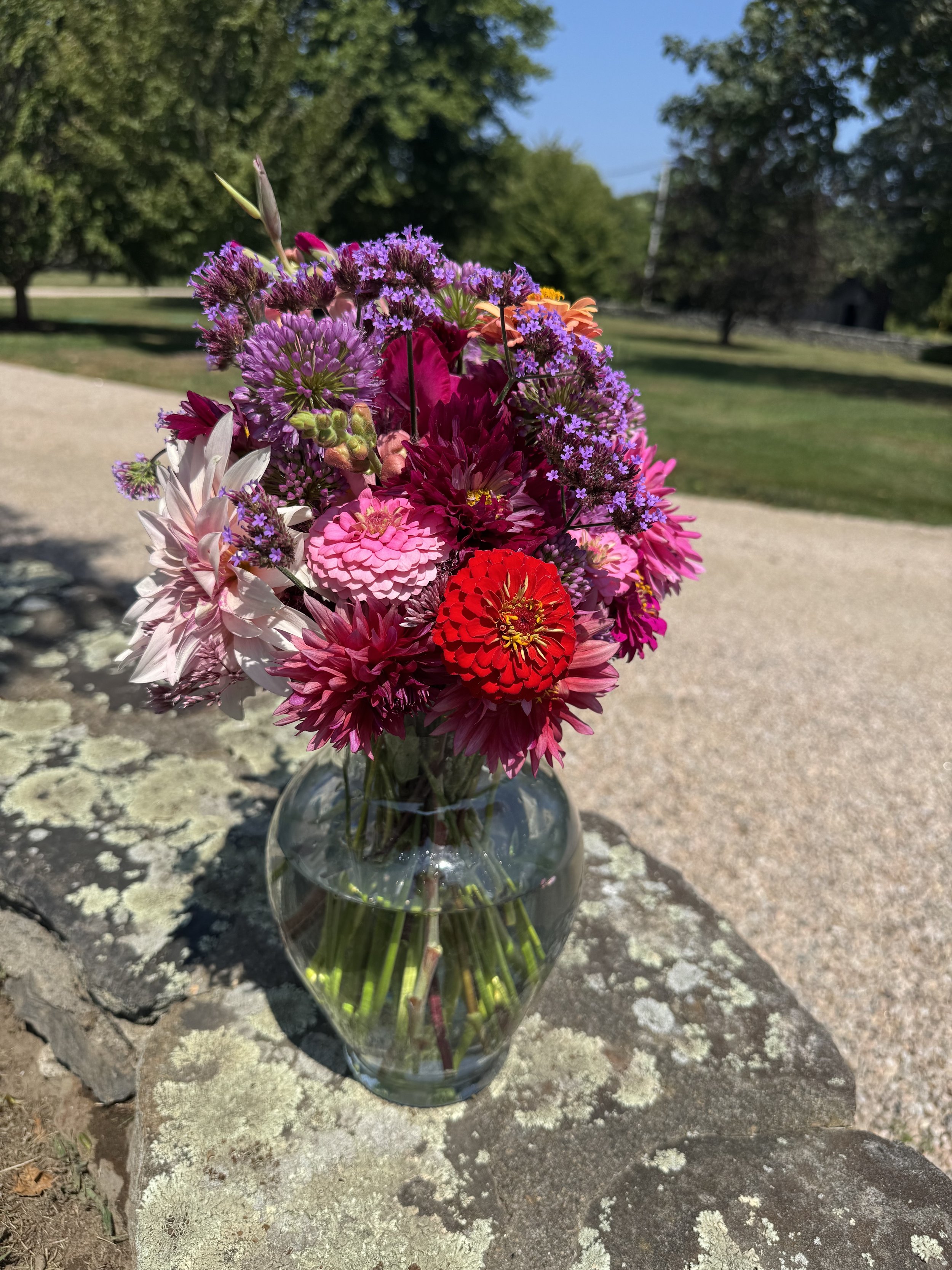 A glass vase filled with a variety of colorful flowers, including pink, purple, red, and white blooms, placed on a stone surface outdoors with a grassy field and trees in the background.