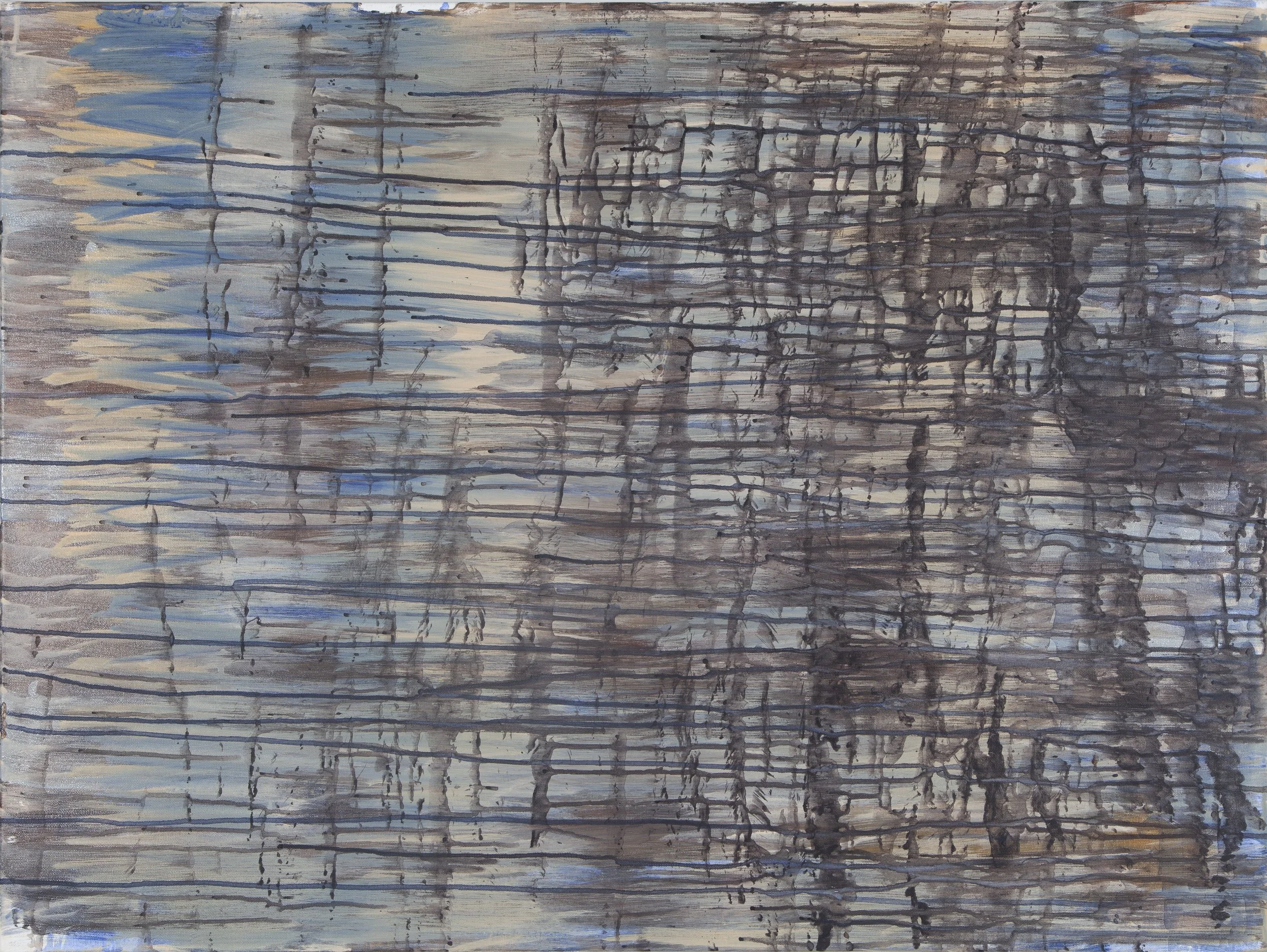 Abstract painting with horizontal and vertical lines in shades of brown, black, and blue.