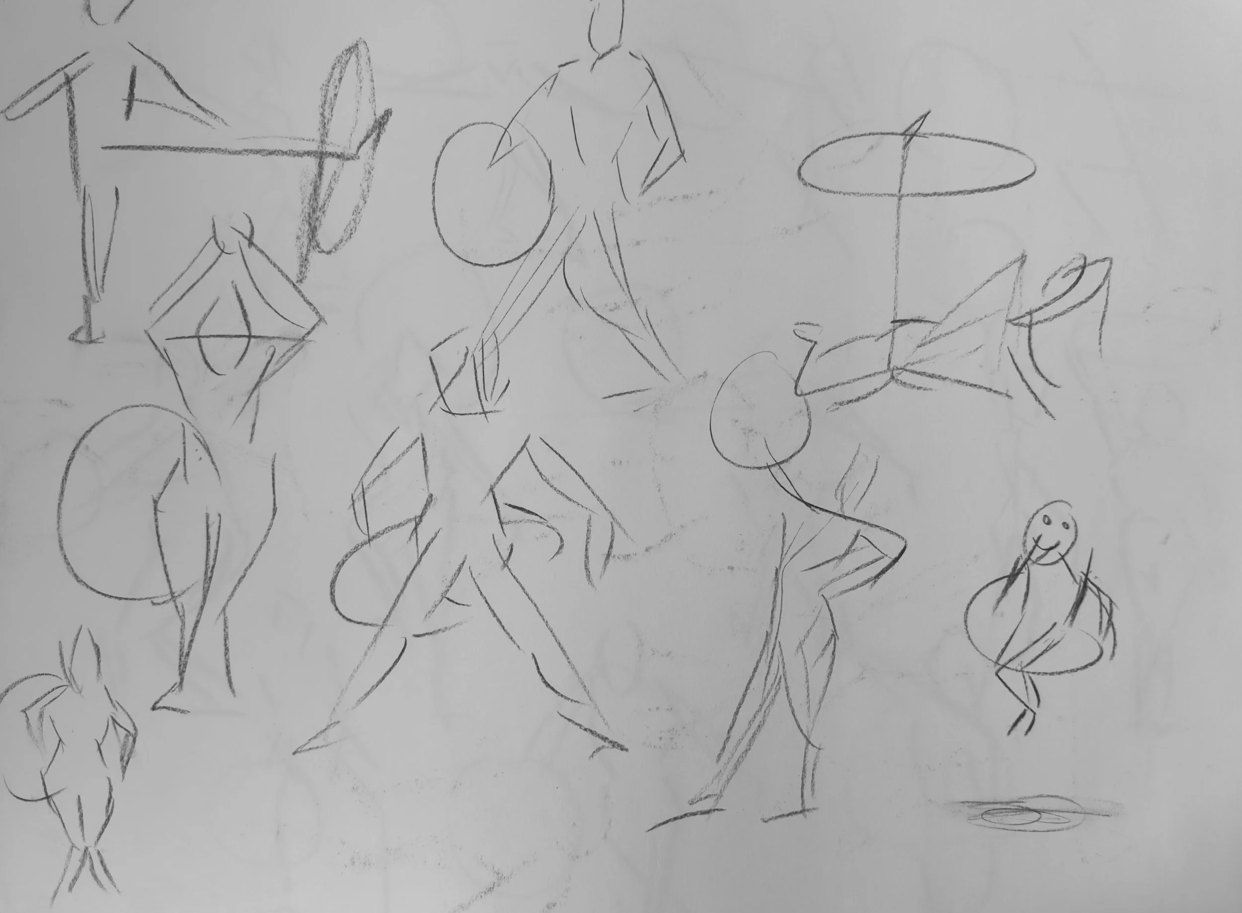 Sketches of various human figures and forms, including some with exaggerated or abstract features, drawn with simple lines.