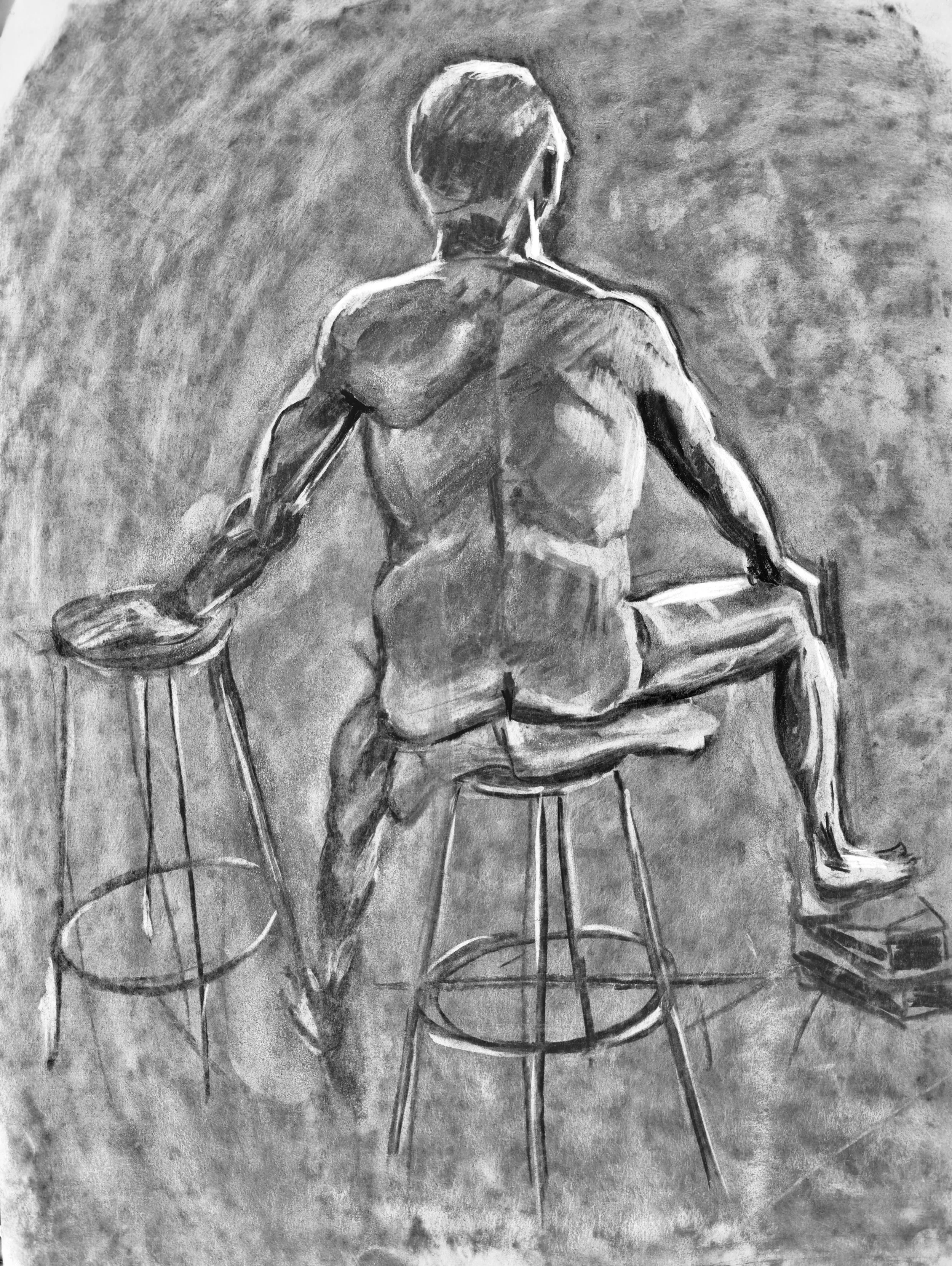 Black and white sketch of a person sitting on a stool with their back turned, legs crossed, surrounded by books.