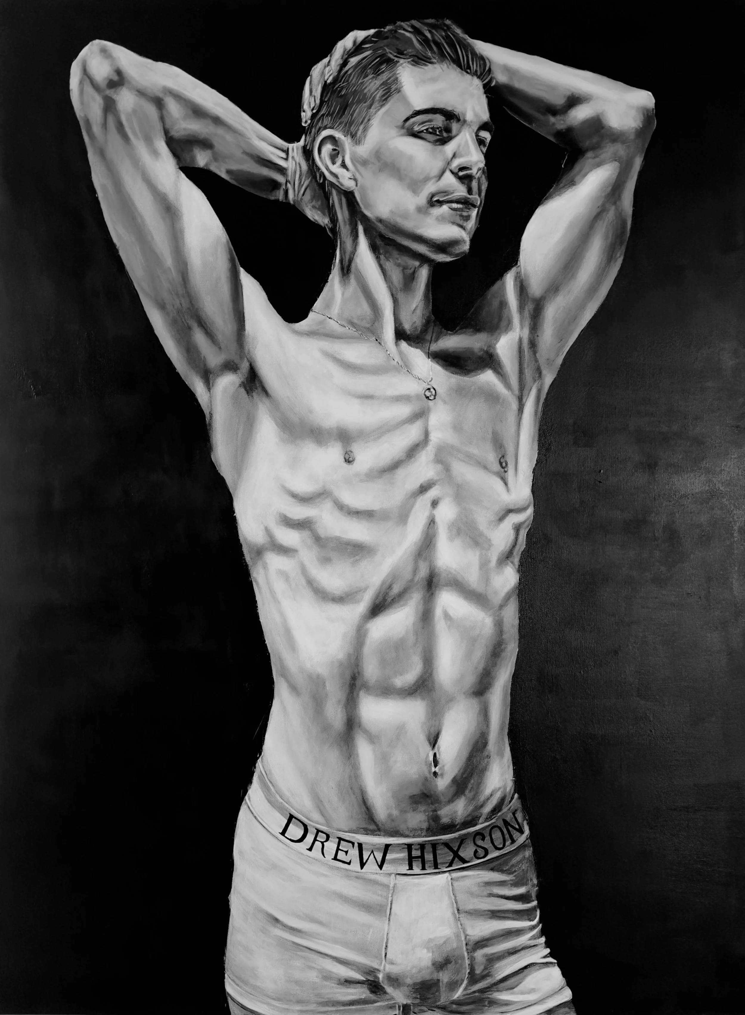 Black and white painting of a shirtless man with a muscular physique, posing with his arms behind his head. He is wearing Drew Hixson underwear and has a necklace with a small pendant.