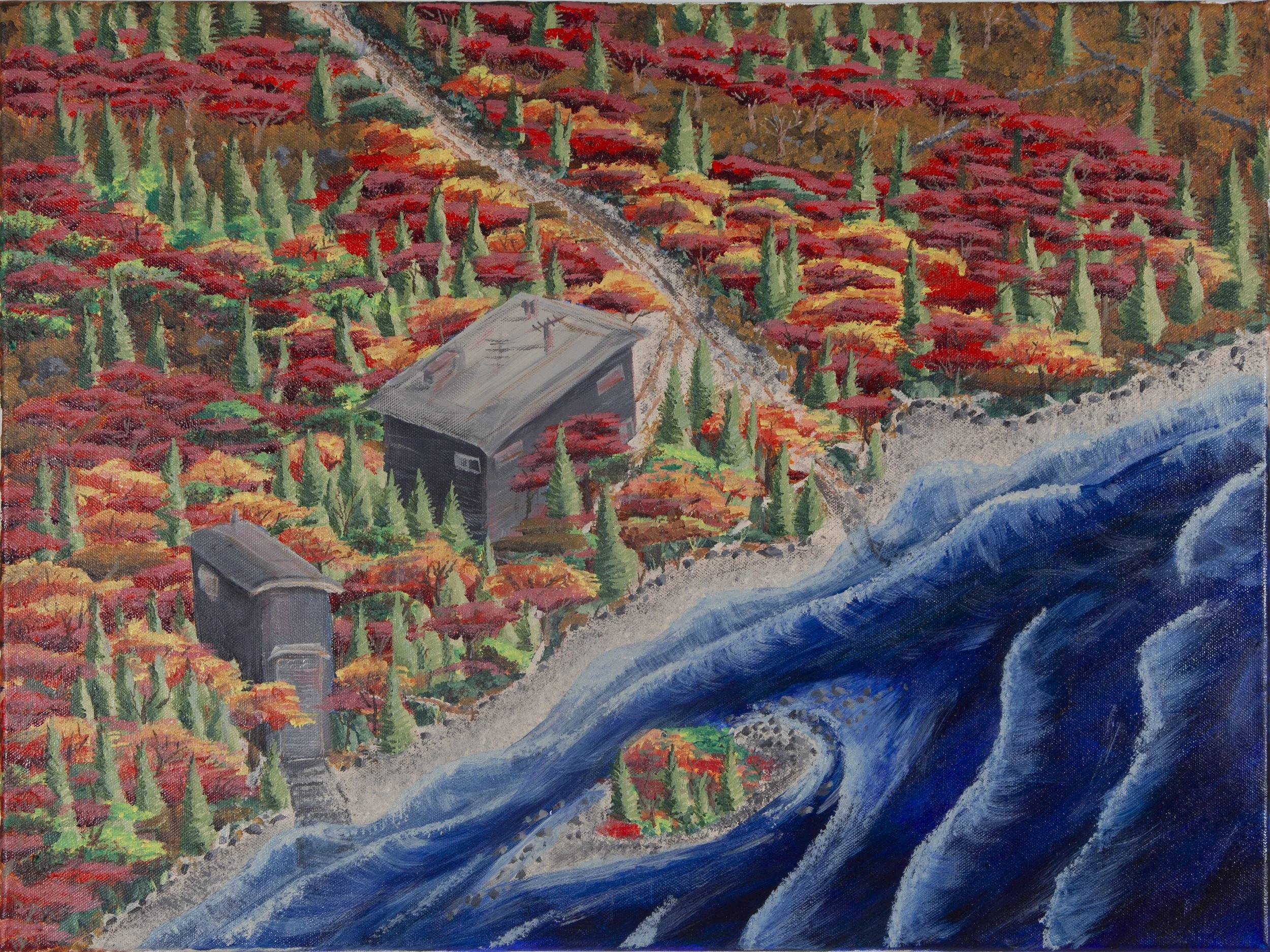 An aerial view painting of a forested shoreline with vibrant autumn trees, two dark boathouses, and blue water with waves curling onto the beach.