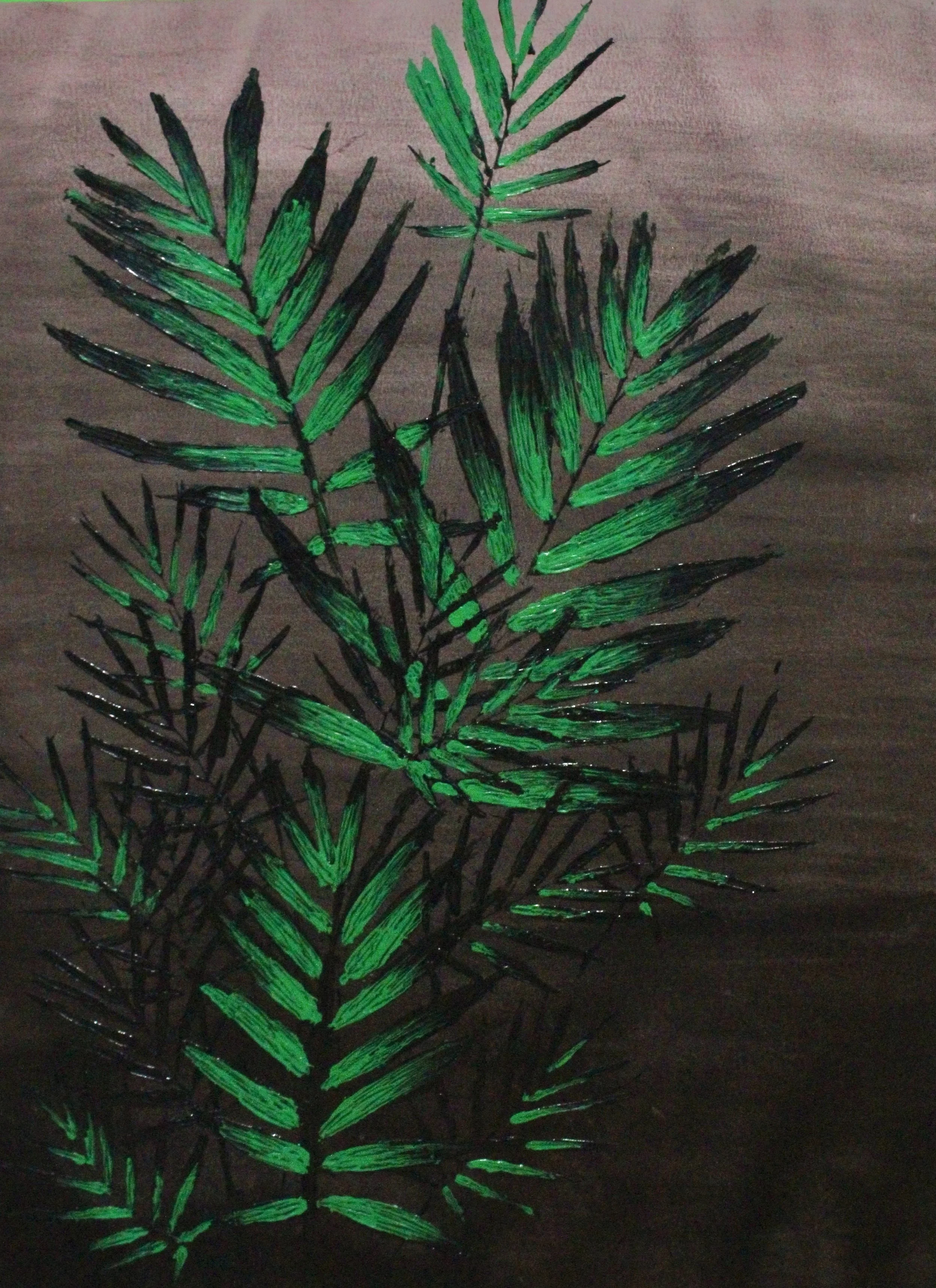 Drawn illustration of green pine tree branches with black outlines on a brown background.