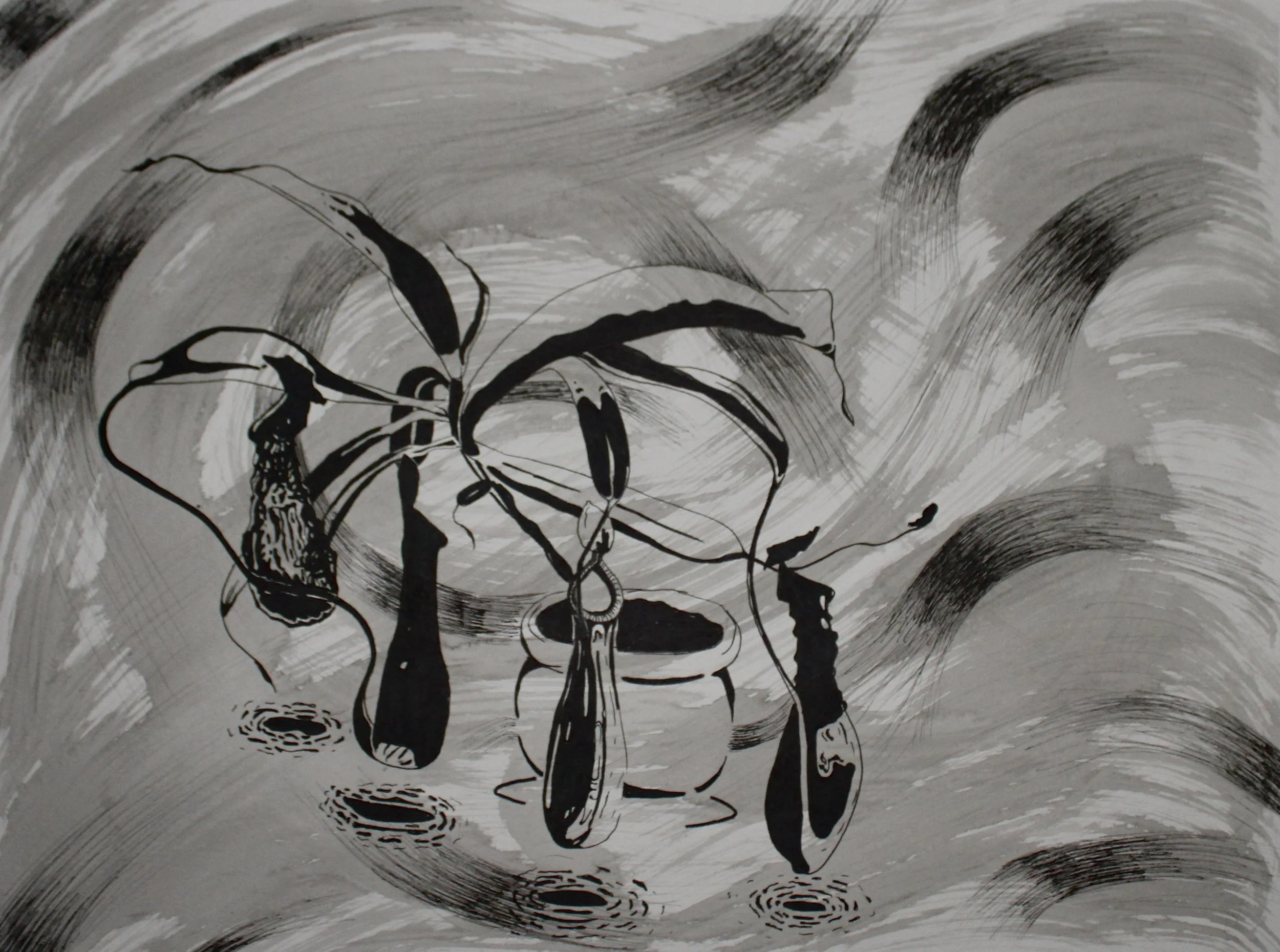 A black and white artwork depicting a vase with plant stems and leaves on a surface with ripples or water-like patterns in the background.