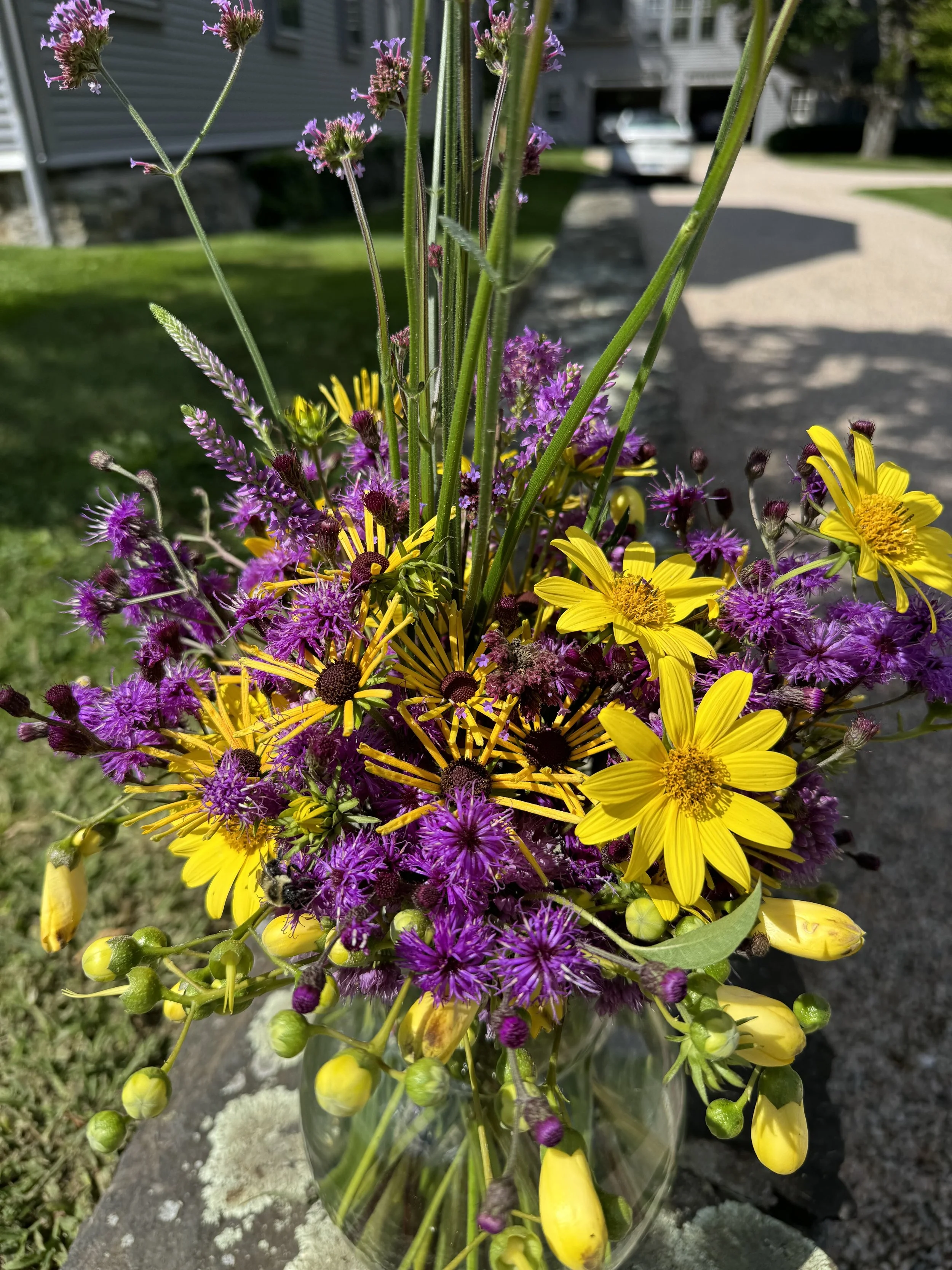 A glass vase containing a colorful bouquet of purple and yellow wildflowers, placed outdoors on a stone surface with a garden and house in the background.