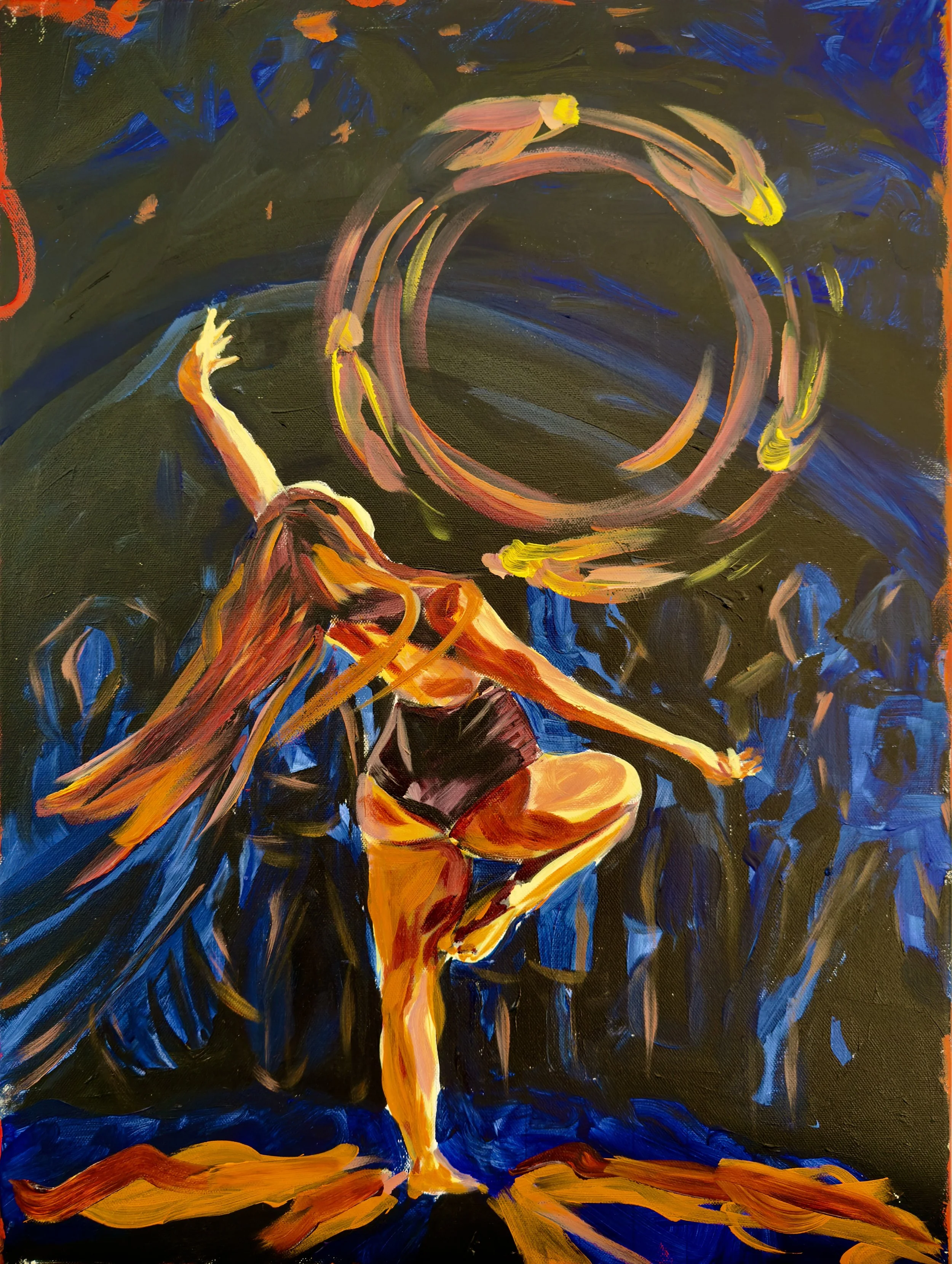 An abstract painting of a woman with long hair, dancing on a stage with a crowd in the background. The woman is in a crouched position with her arms extended and is painted in warm colors like orange, yellow, and red, with a dark background.
