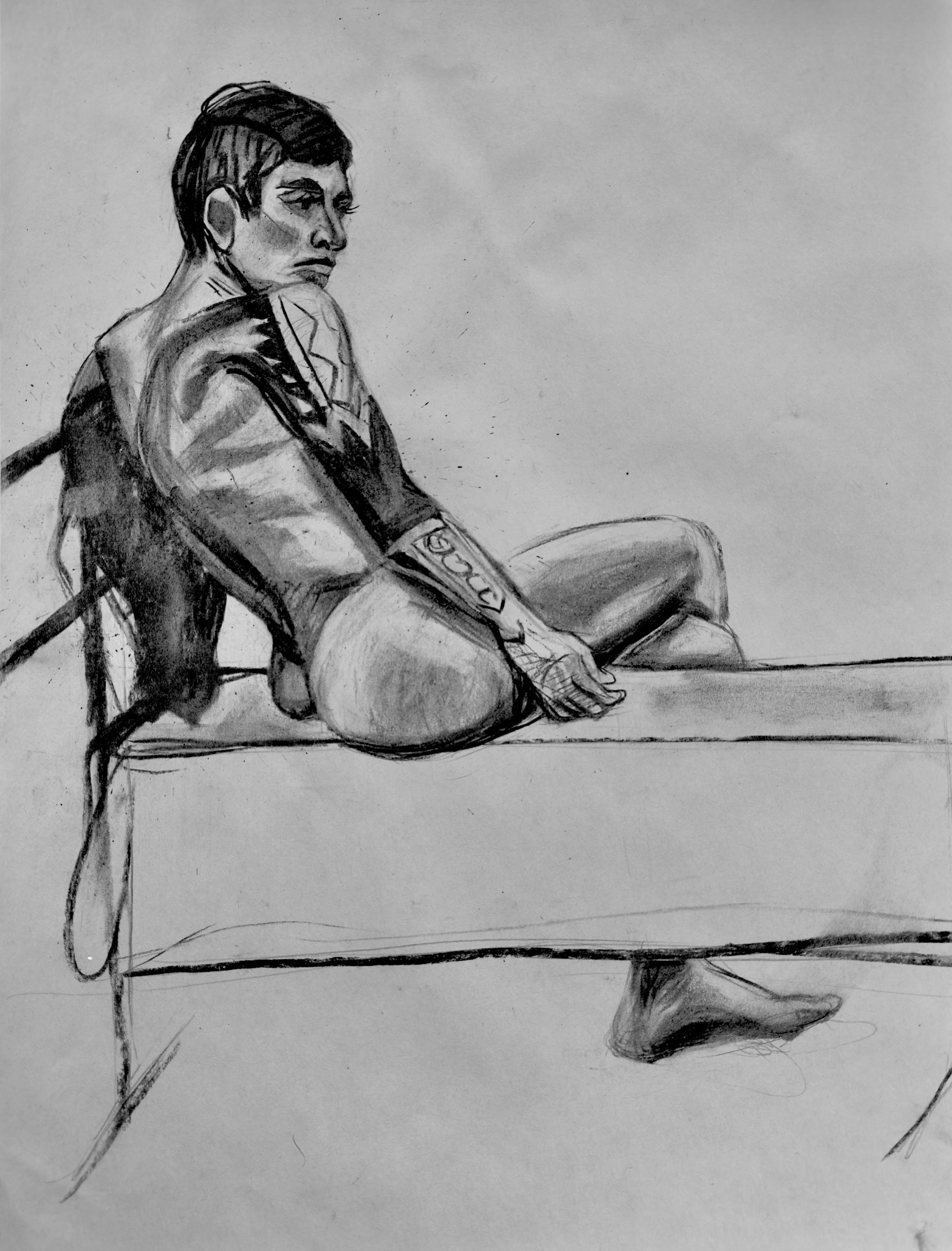 Black and white sketch of a woman sitting on a bench, turned to the side with legs crossed, wearing a jacket and pants, with short hair.