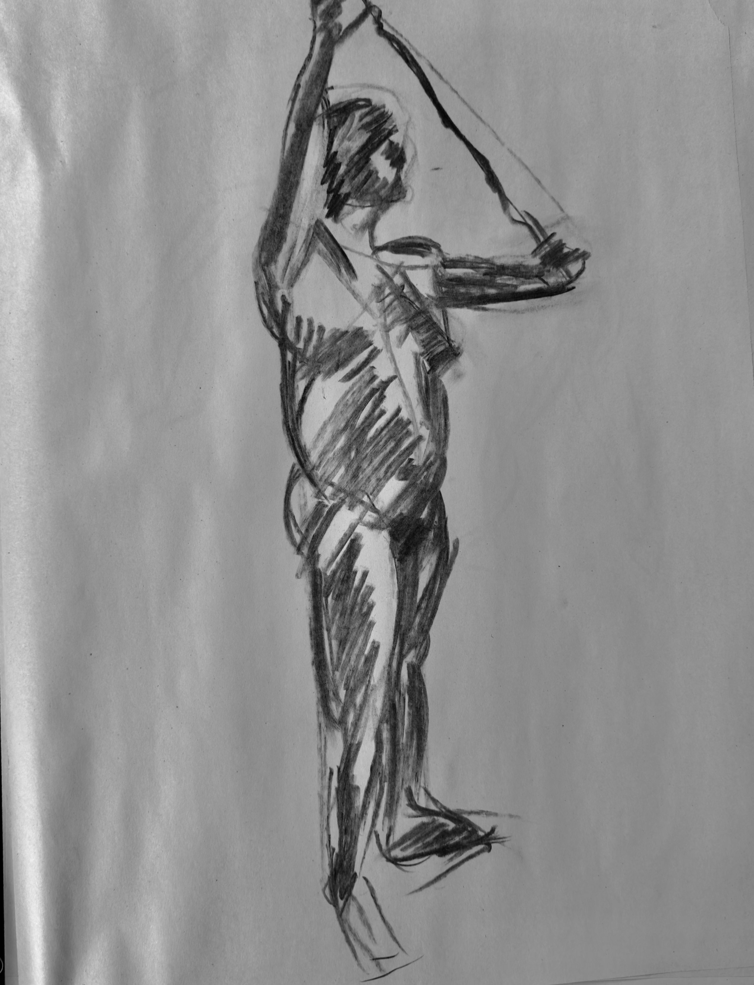 A pencil sketch of a standing female figure holding a long object, possibly a rod or stick, with her arm raised over her head, drawn in a loose, expressive style.
