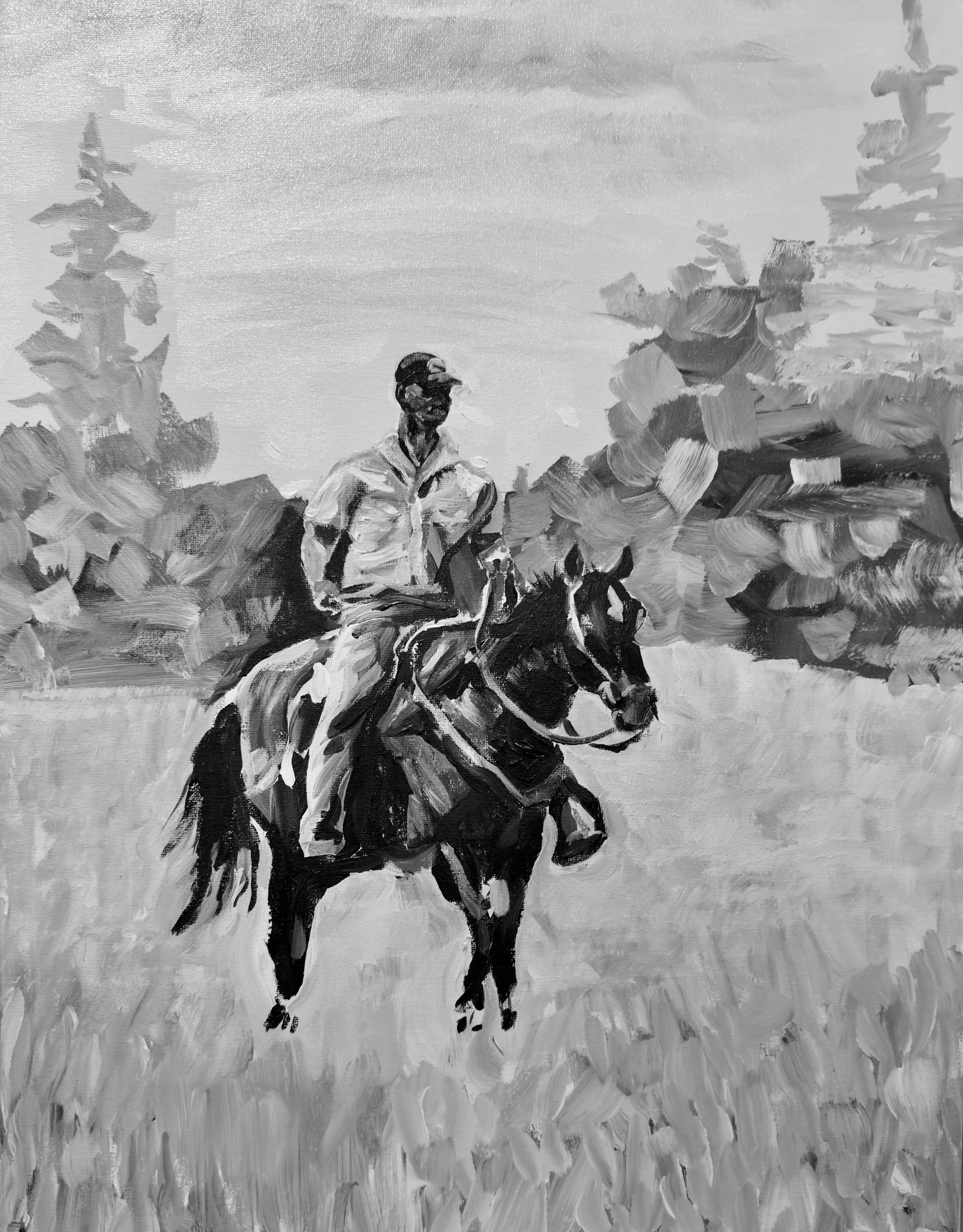 A grayscale painting of a man riding a horse through a grassy field with trees in the background.