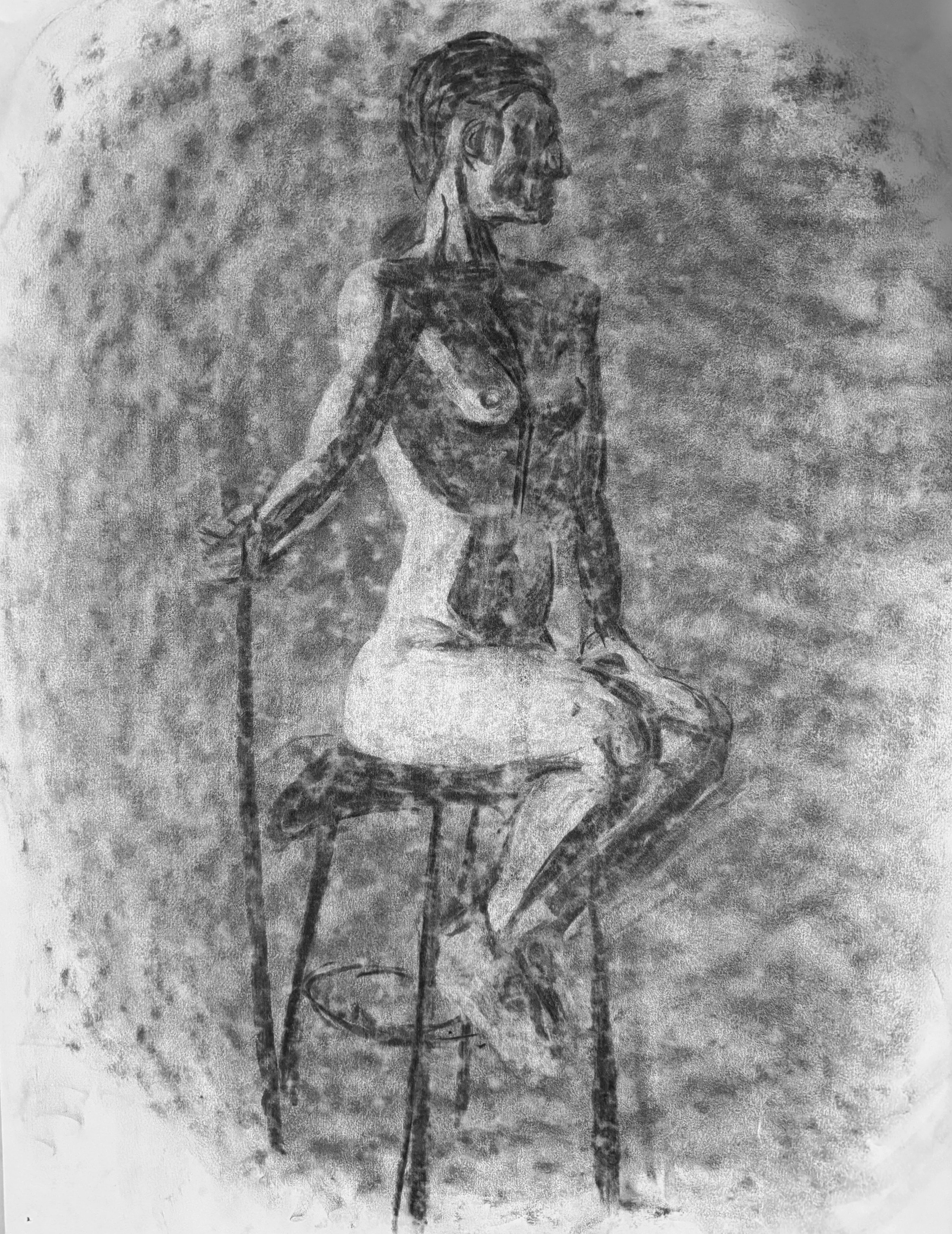 A black and white sketch of a woman sitting on a stool, with one arm amputated and having a robotic arm, her hair styled short, and her body partially exposed.