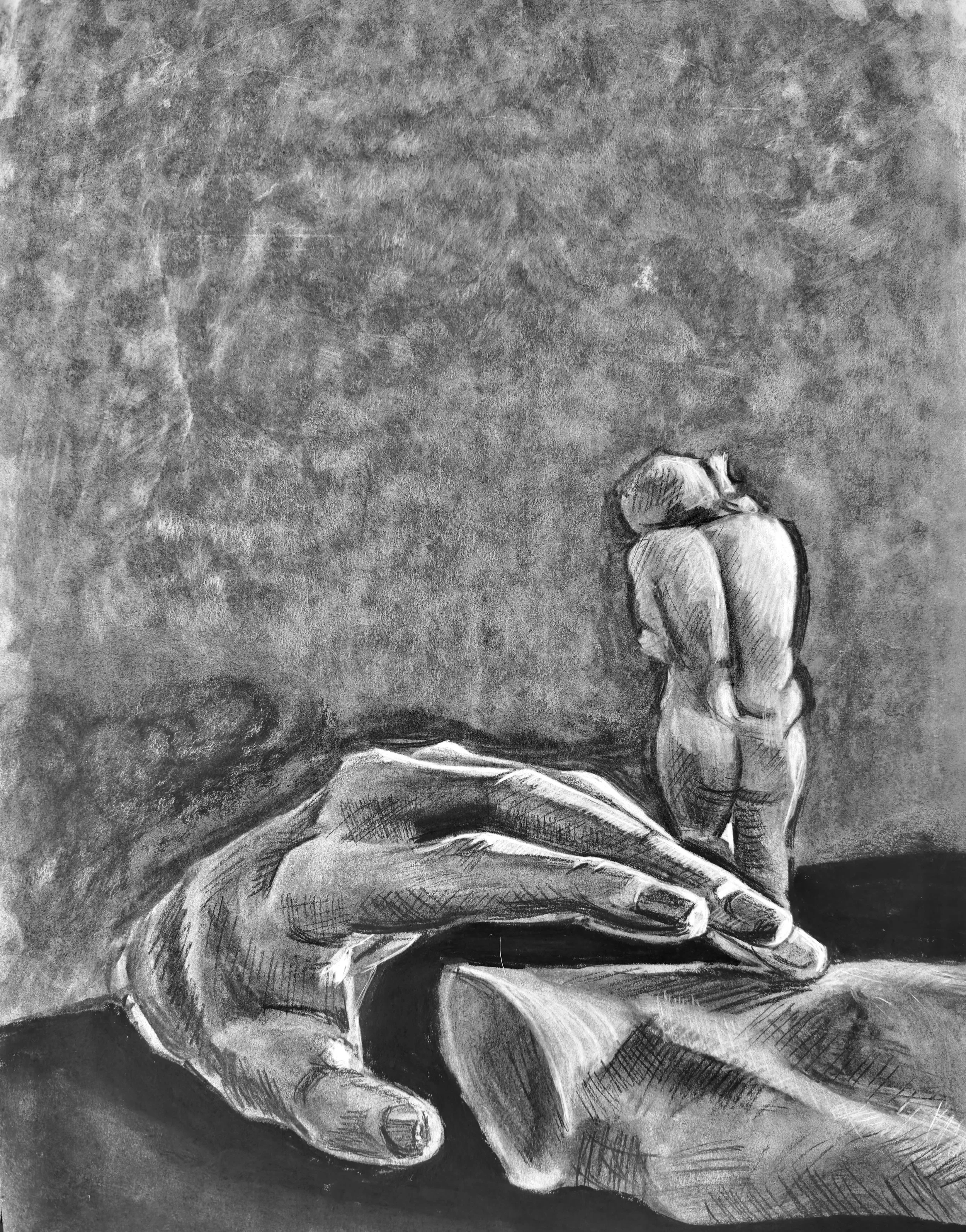 A pencil sketch of a large hand reaching out, with a smaller figure of a person standing in the background.