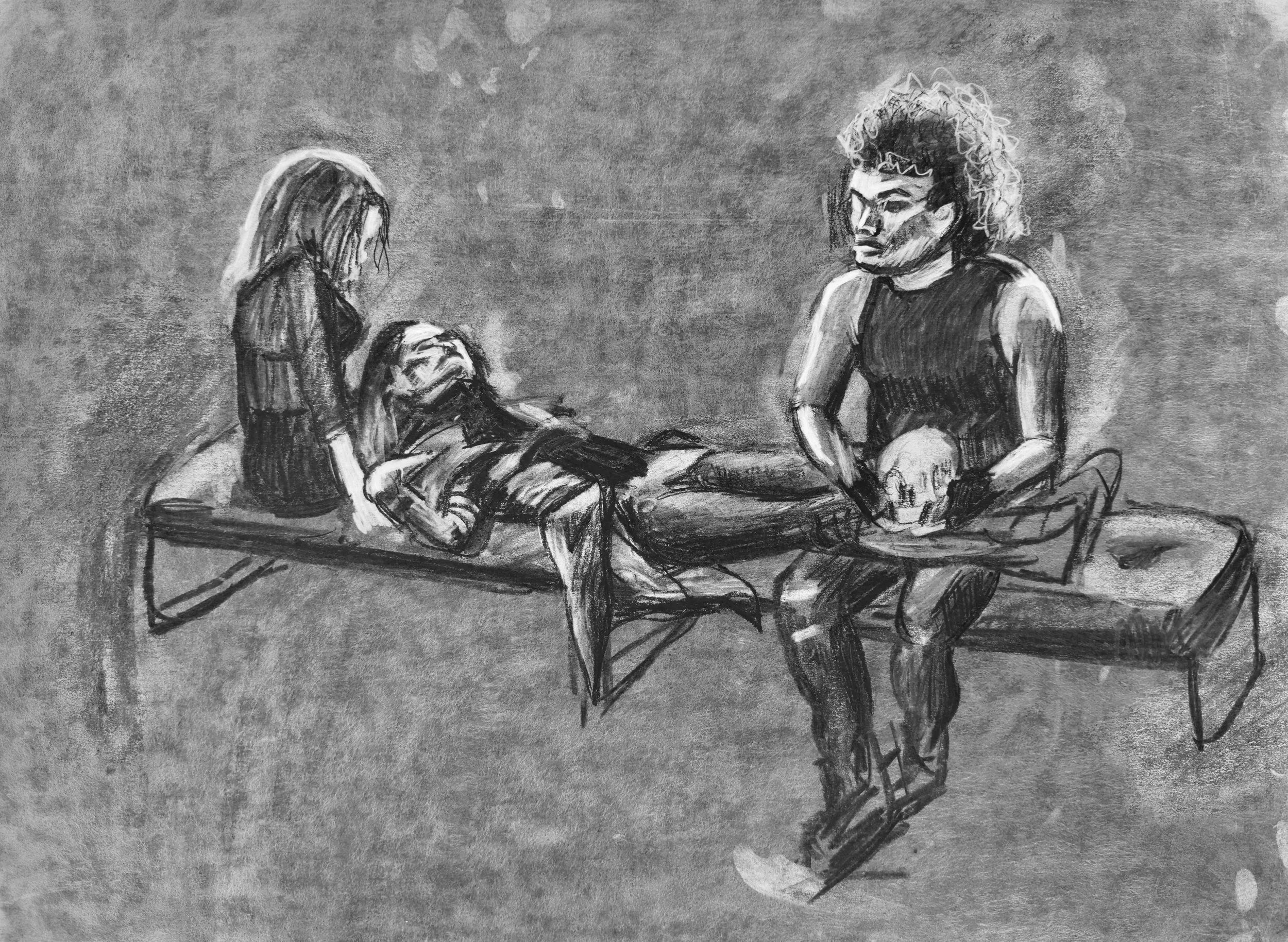 A sketch of a person lying on a hospital bed receiving an examination from a nurse, with another person sitting next to them.
