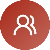 Icon of two overlapping person silhouettes in white on a red circular background.