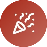 Celebratory party popper with confetti on a red background.