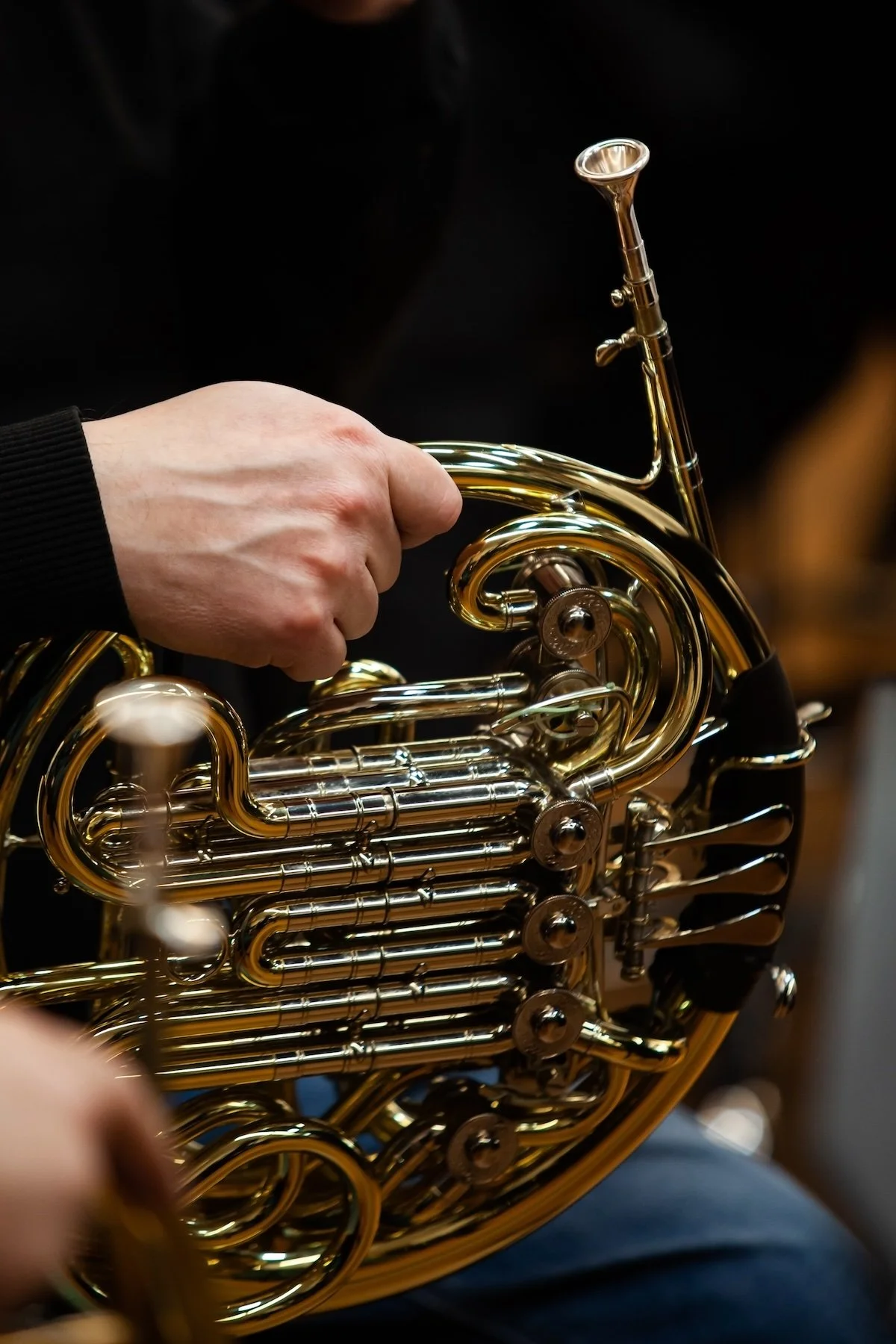 Closeup of hand on French horn
