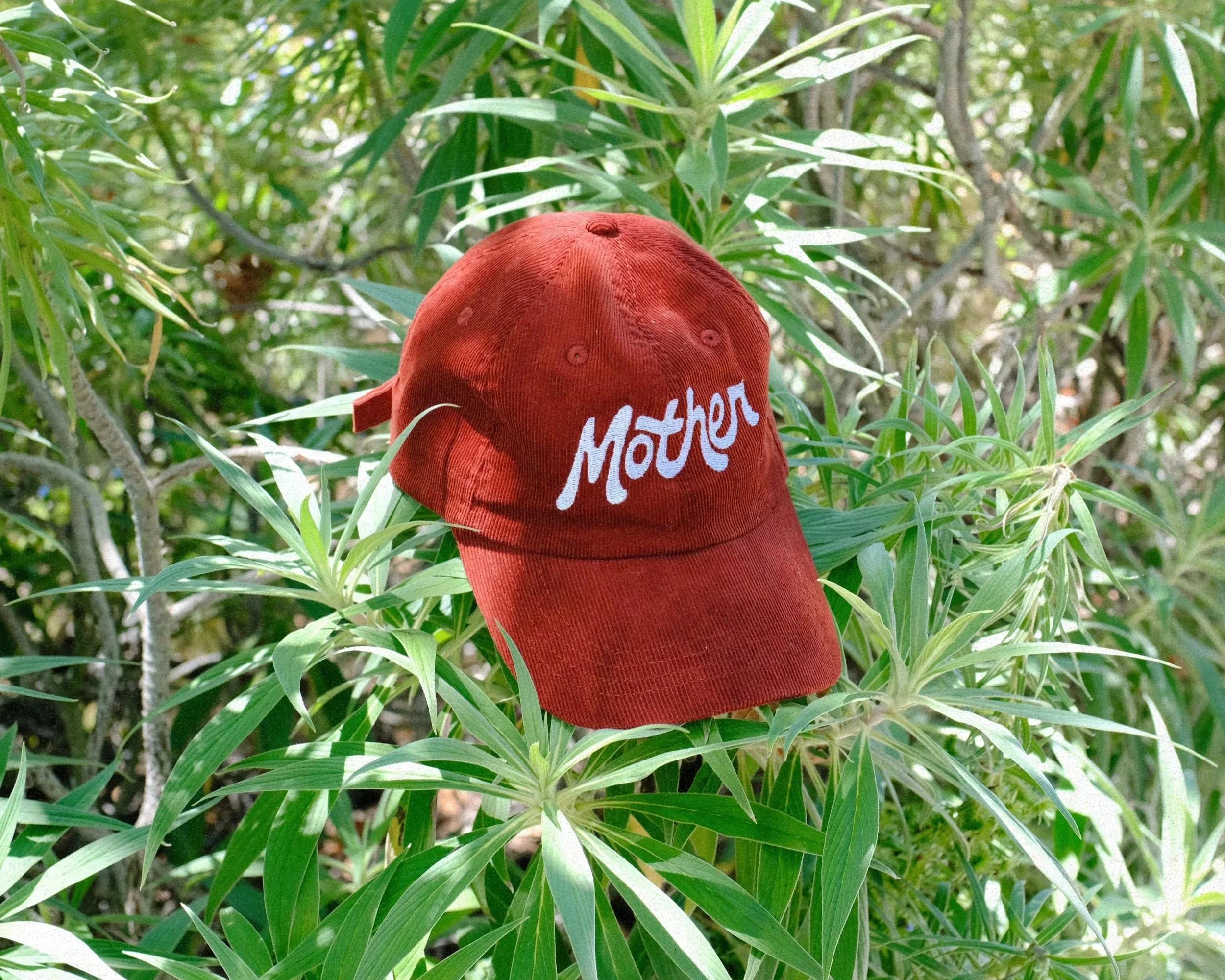 Red baseball cap with white lettering that says 'Mother' resting among green leaves and branches in a forested area.