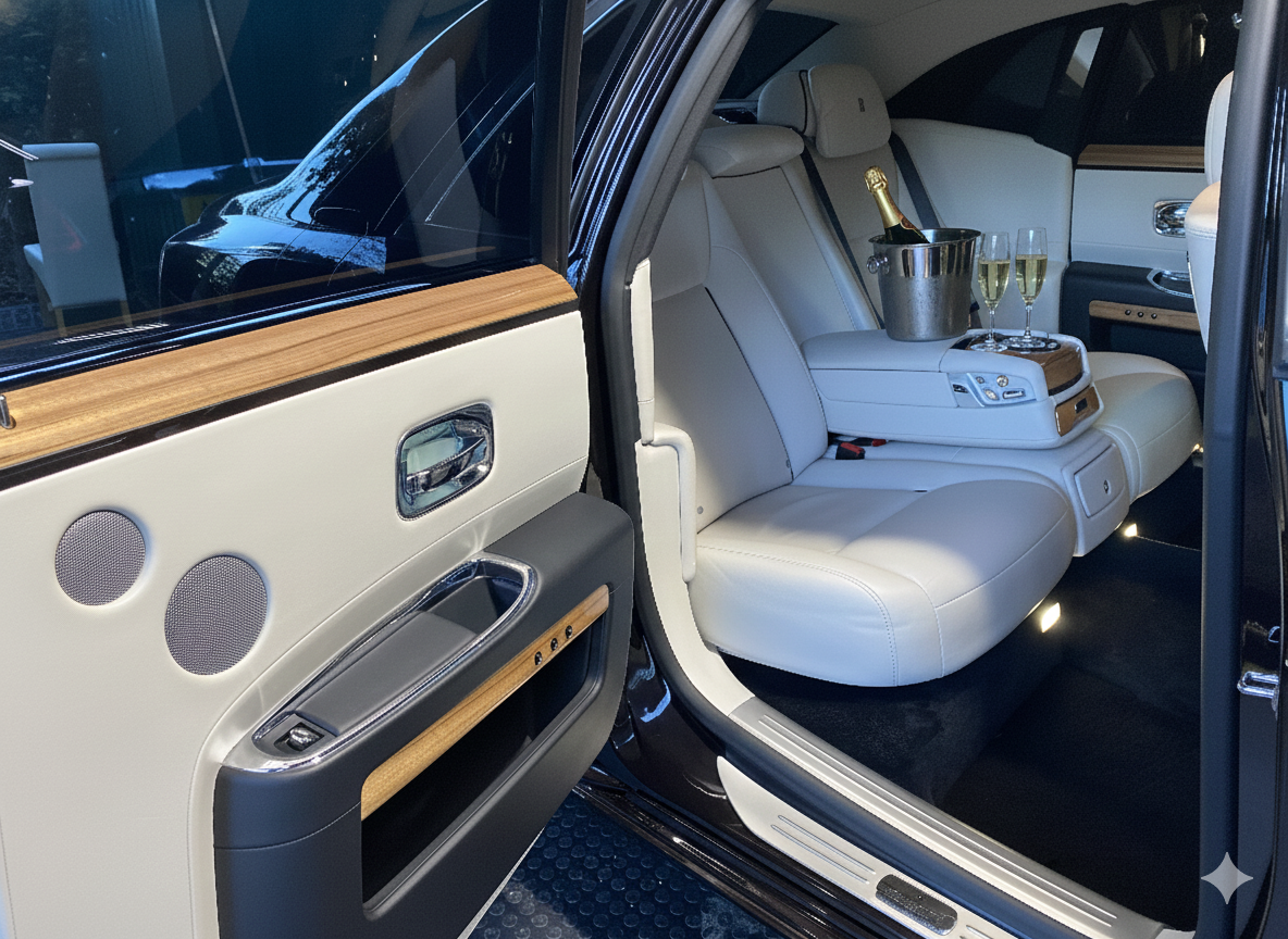 Luxury car interior with white leather seats, wood accents, and a bar setup with champagne bottle and glasses on the back seat.