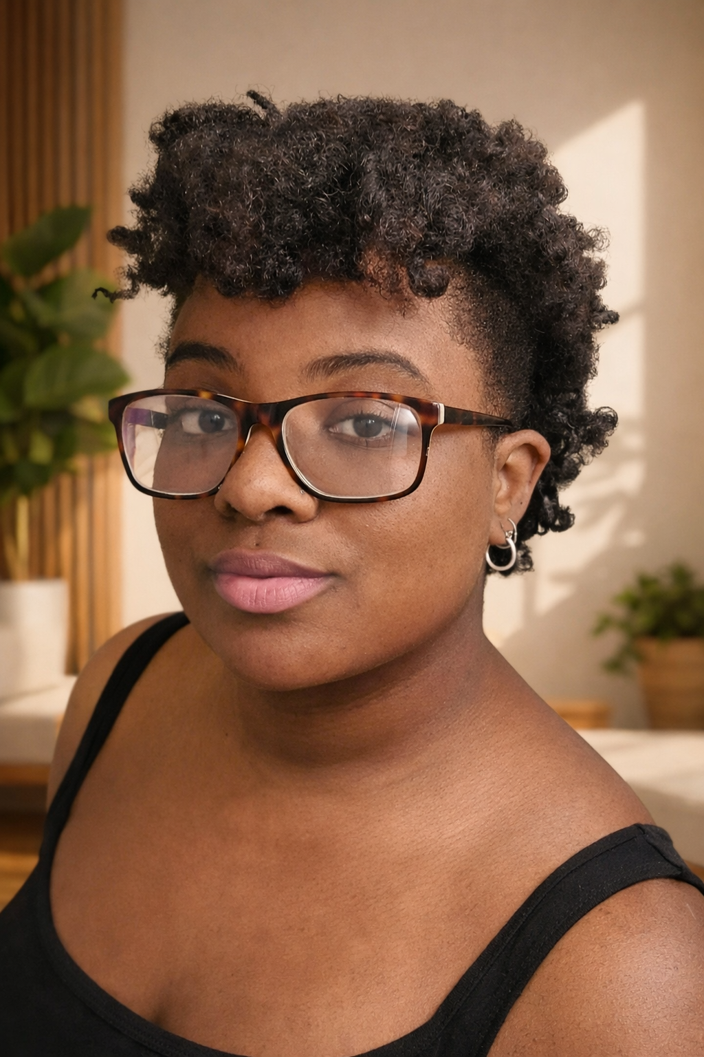 Our curl specialist Frankie, a woman with short curly/kinky coily mohawk and glasses, wearing a black top, standing indoors with plants and a neutral background.