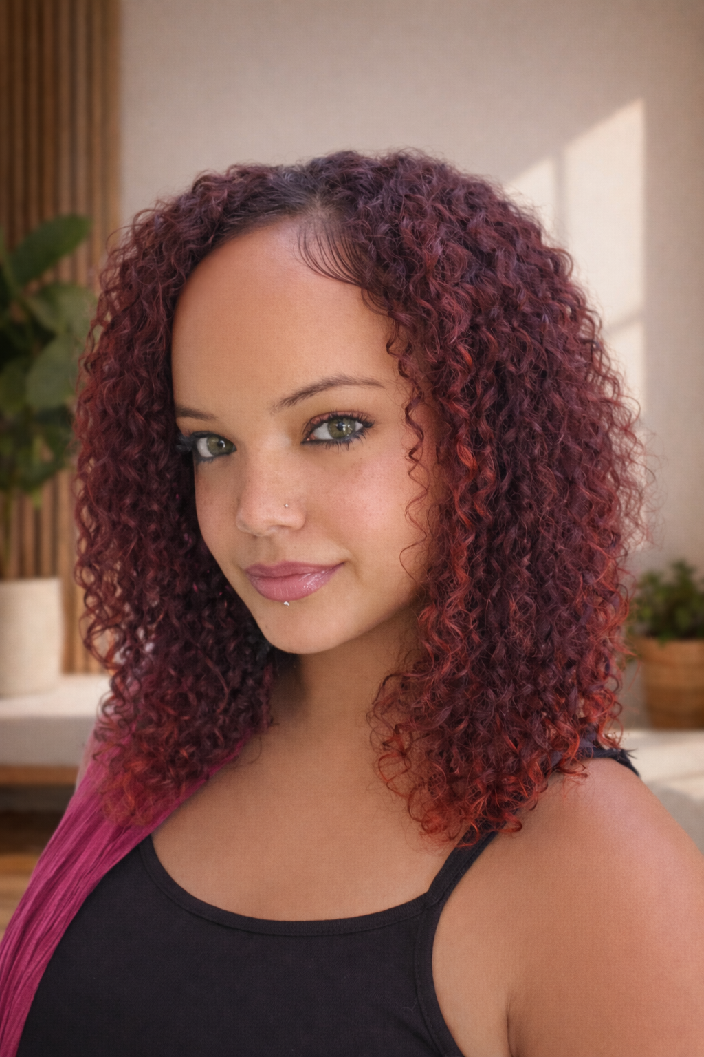 Our curl stylist Sara, a young woman with curly, reddish-pink hair and green eyes, wearing a black tank top, standing indoors with a plant and a window in the background.