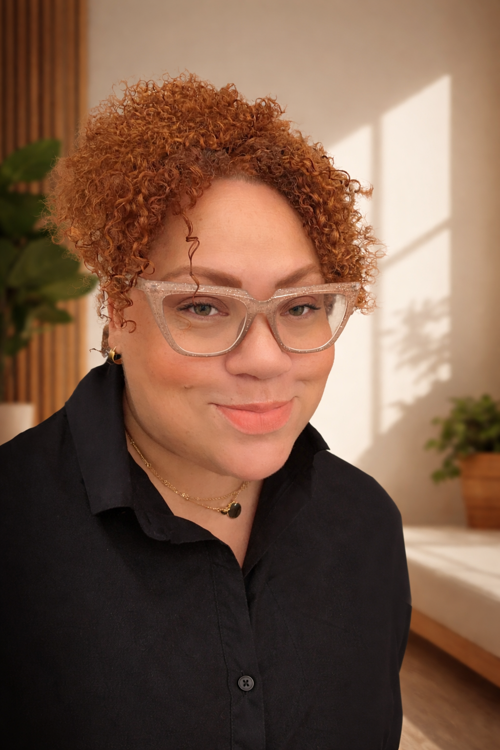 Kizzy, Kinson founder, close-up of a woman with curly red hair, green eyes, wearing clear glasses and a black top, smiling softly indoors with a blurred background.