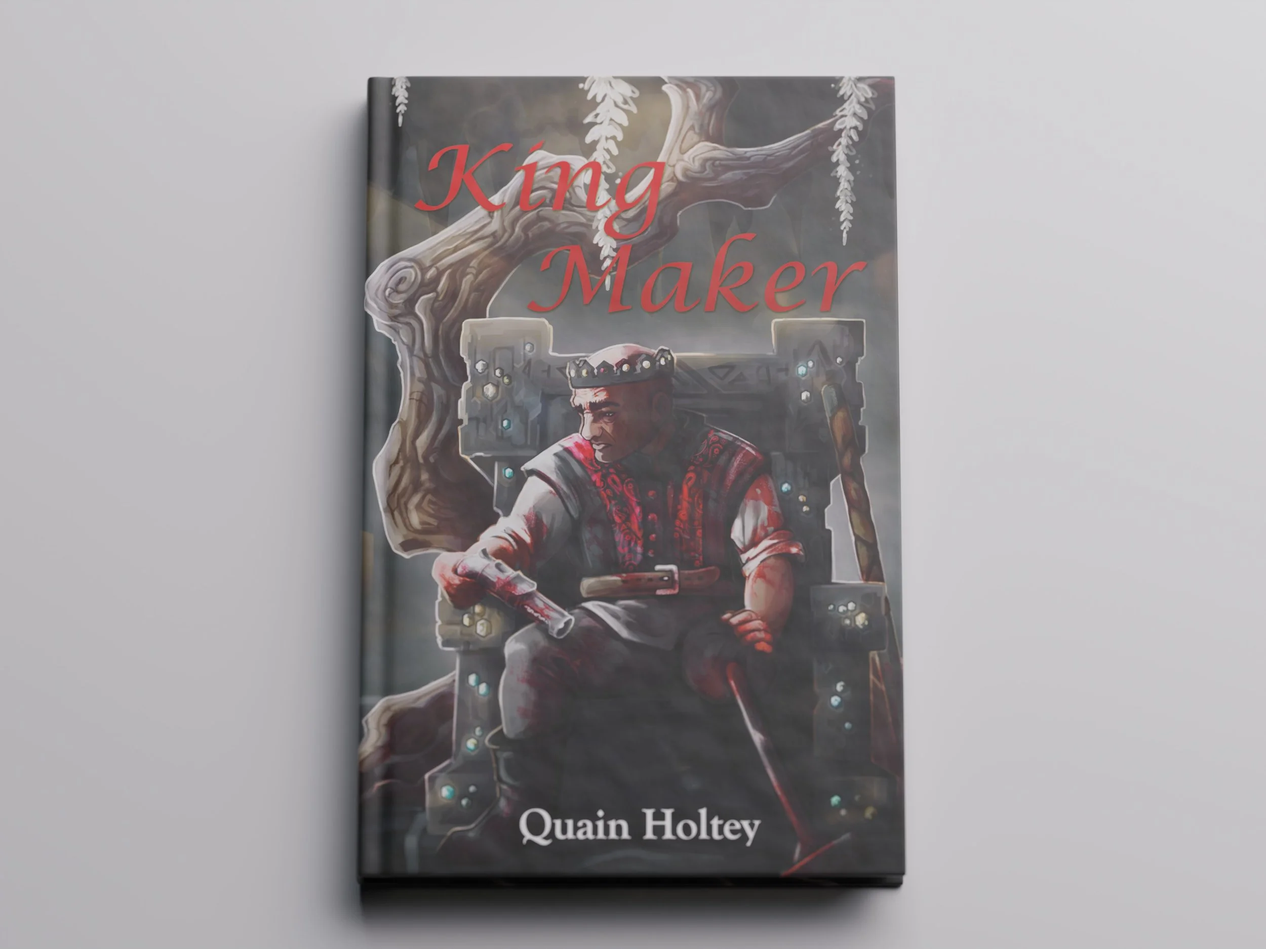 A book cover titled "King Maker" by Quain Holtey, featuring a person dressed in traditional clothing with a headset, sitting and looking at a device, with a background of a gnarled tree and hanging vines.