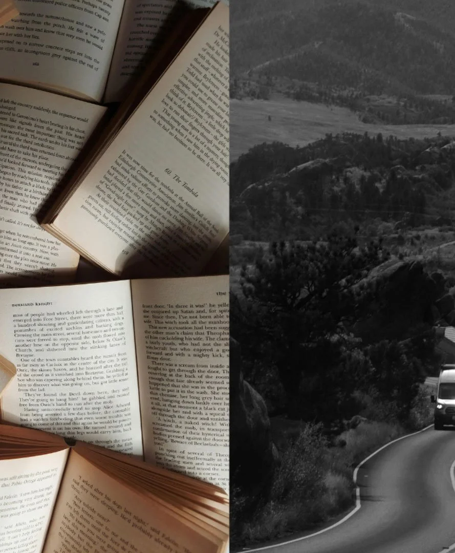 a split image of books and a road