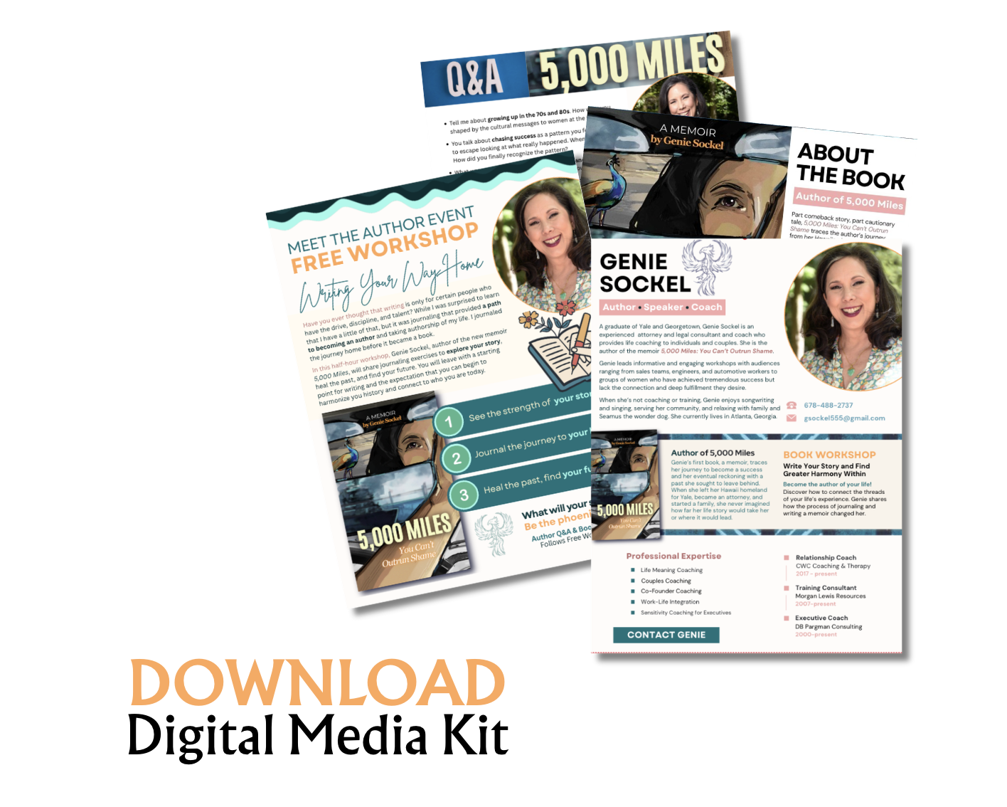 Flyer with multiple pages promoting an author event and book called '5,000 Miles' by Genie Sockel. The flyer includes information about a free workshop, author biography, book overview, coaching services, and contact details. Text also highlights options to download a digital media kit.