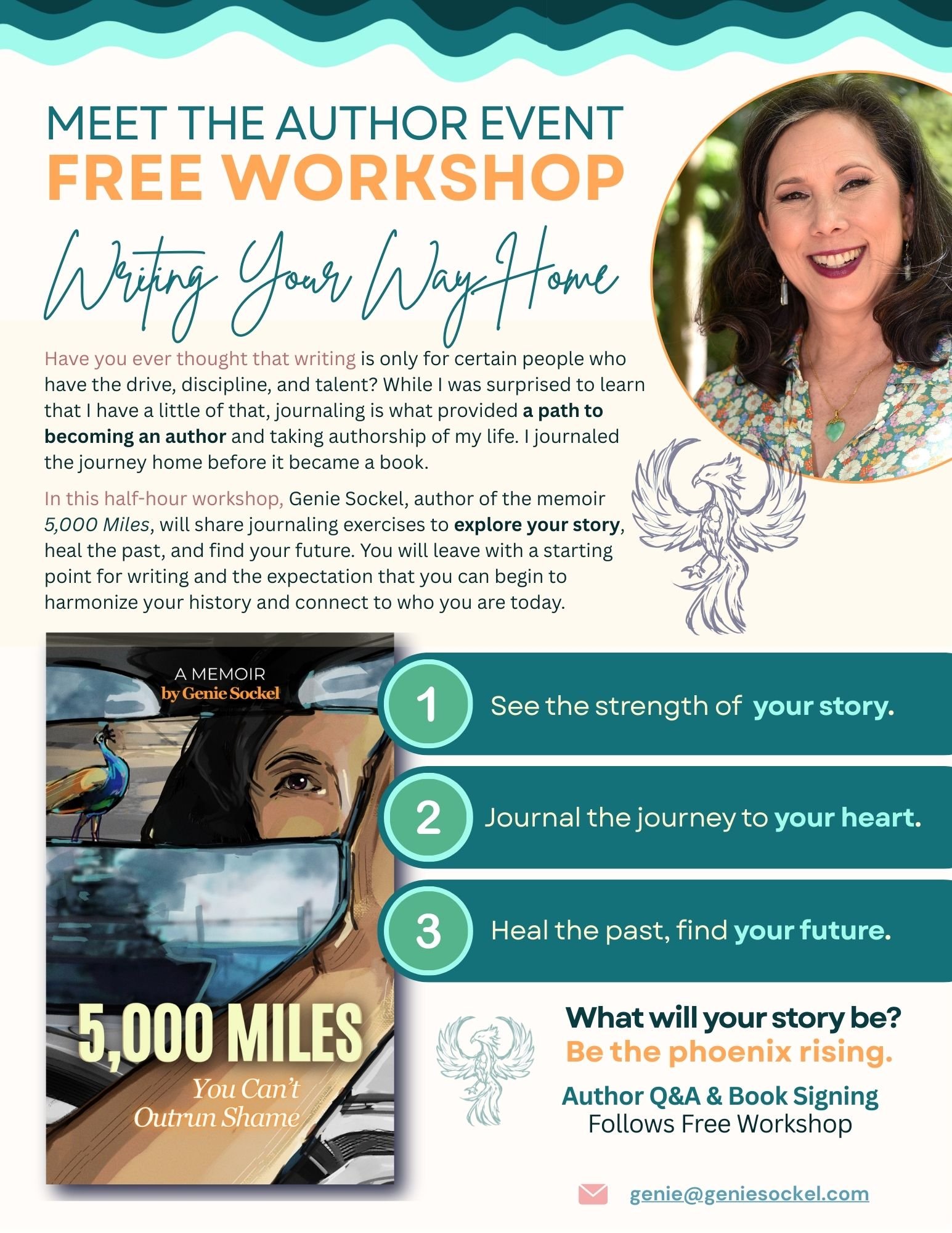 Flyer for an author event titled 'Writing Your Way Home,' offering a free workshop on journaling to explore your story, heal the past, and find your future. The flyer features a photo of the author, Genie Sockel, smiling, with graphics of a phoenix and her memoir cover '5,000 Miles.' Details include date, contact info, and encouragement to be the phoenix rising.