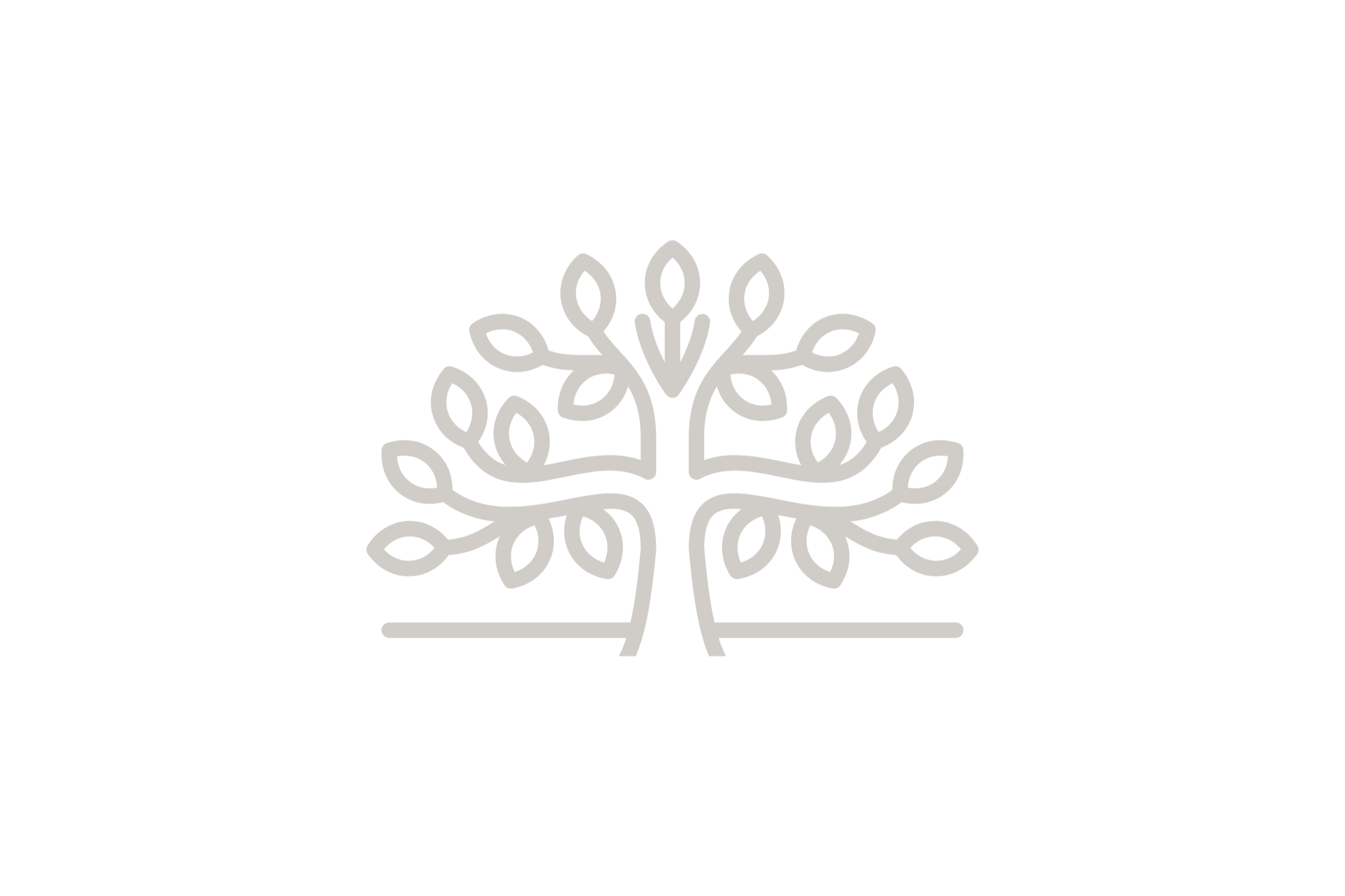 Stylized gray tree logo with multiple branches and leaves on a black background.